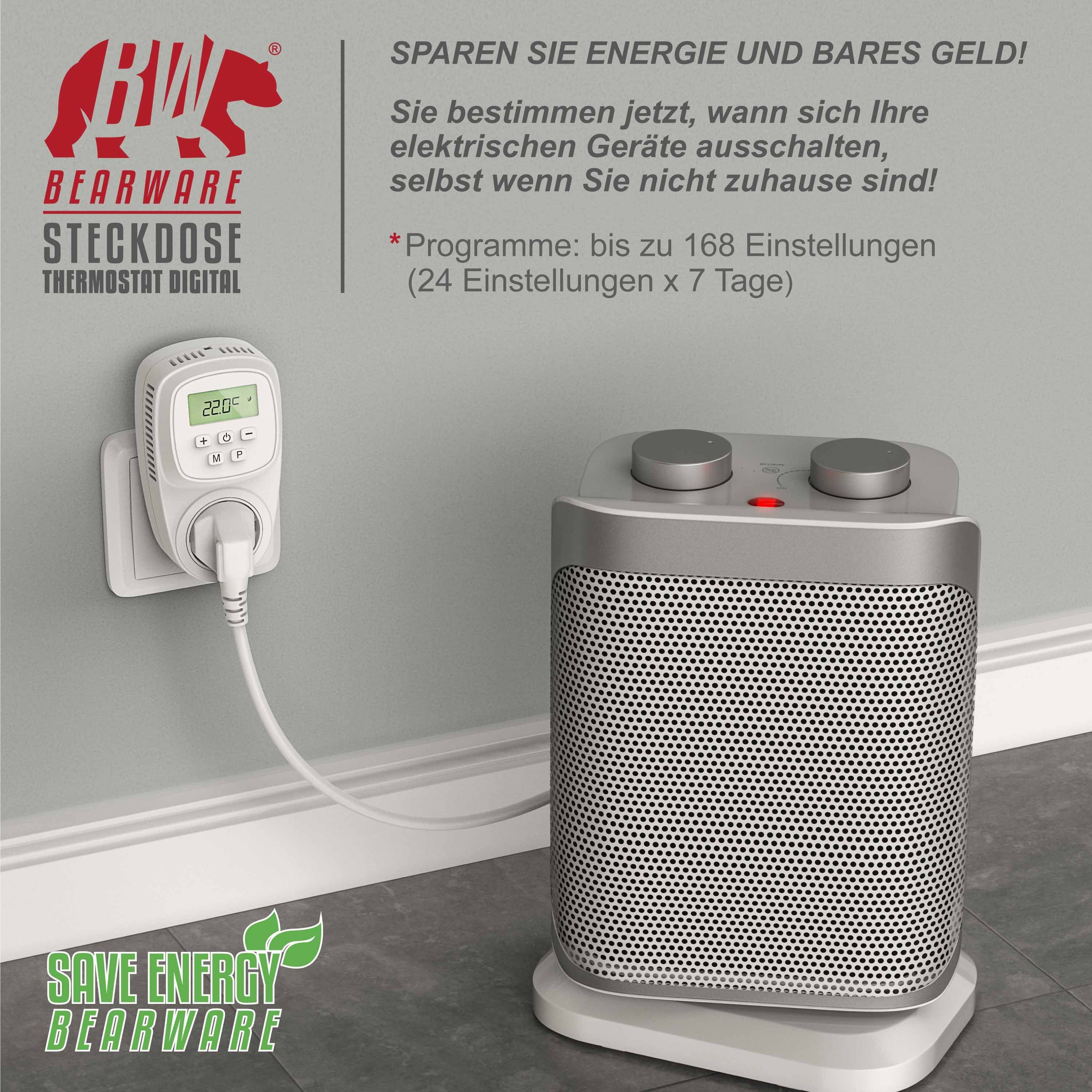 BEARWARE Steckdosen-Thermostat, max. 3680 W, 1-St., digital programmierbar, Temperaturregelung 5° – 35°C