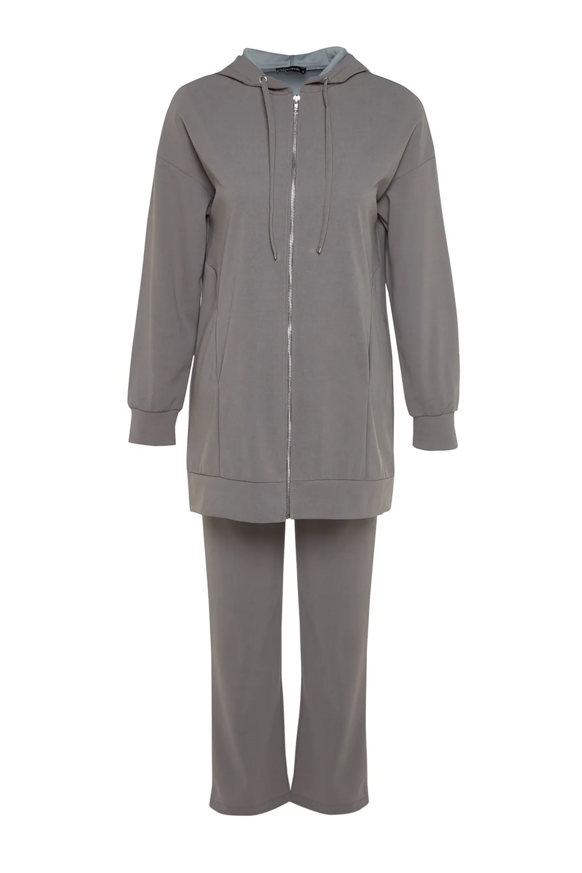 Trendyol Modest  Graues Strick-Trainingsanzug-Set mit Kapuze und Reißverschluss TCTSS21EM0091
