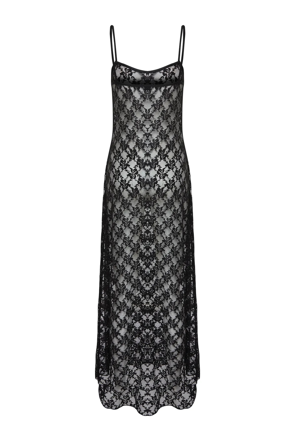 Trendyol Collection  Schwarzes, figurbetontes, flexibles Maxi-Bleistiftkleid aus Strick mit Spitzenträgern TWOSS24EL00574
