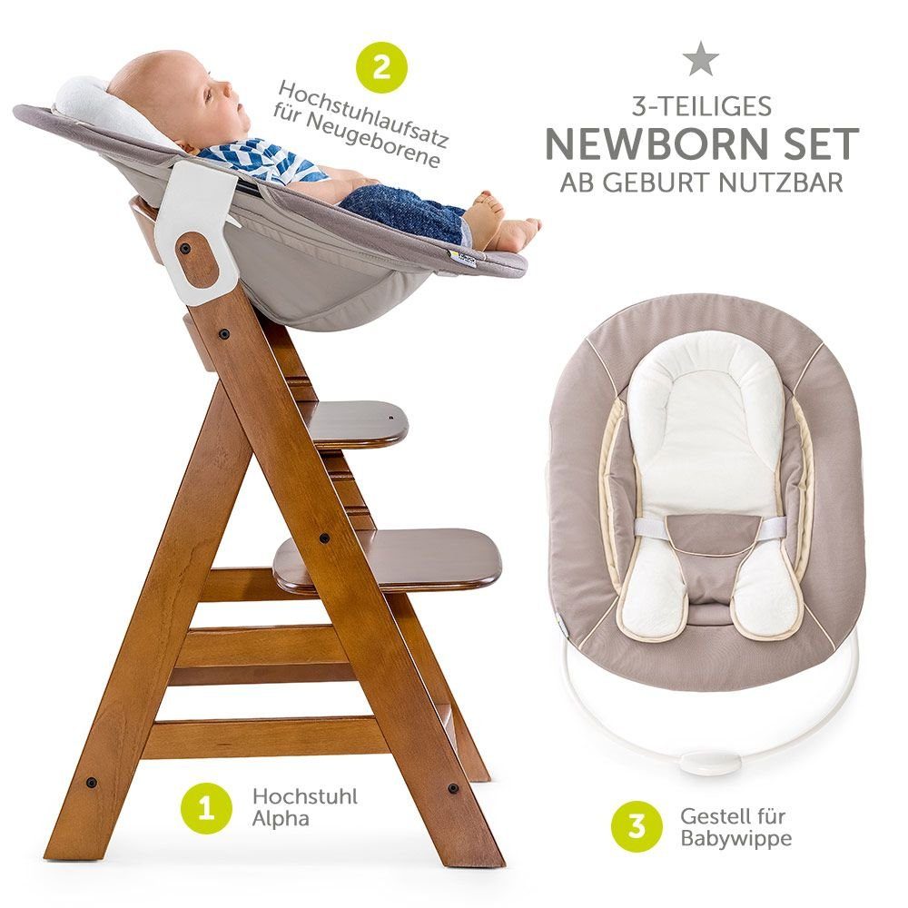 Hauck Hochstuhl Alpha Plus Walnut - Newborn Set (Set, 4 St), Holz Babystuhl ab Geburt mit Aufsatz für Neugeborene höhenverstellbar