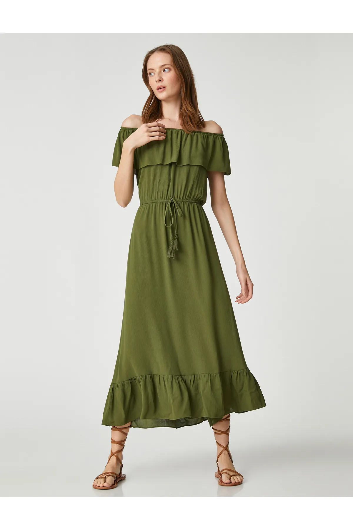 Koton  U-Boot-Ausschnitt, schlichtes Khaki-Midi-Damenkleid 3sak80001pw