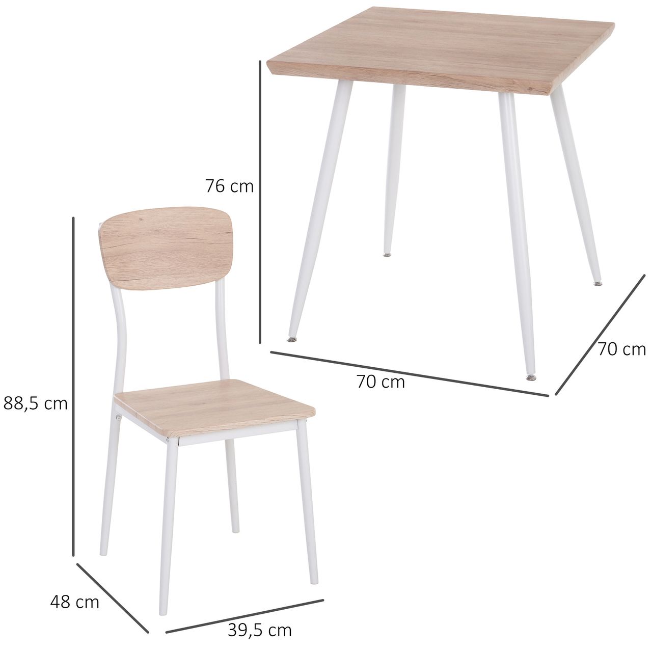 HOMCOM 3-teilige Essgruppe Esszimmergruppe Küchentisch mit Metallgestell Sitzgruppe Esstisch Set Holzmaserung MDF, Metall, Nautr Weiß mit 1 Tisch   2 Stühlen
