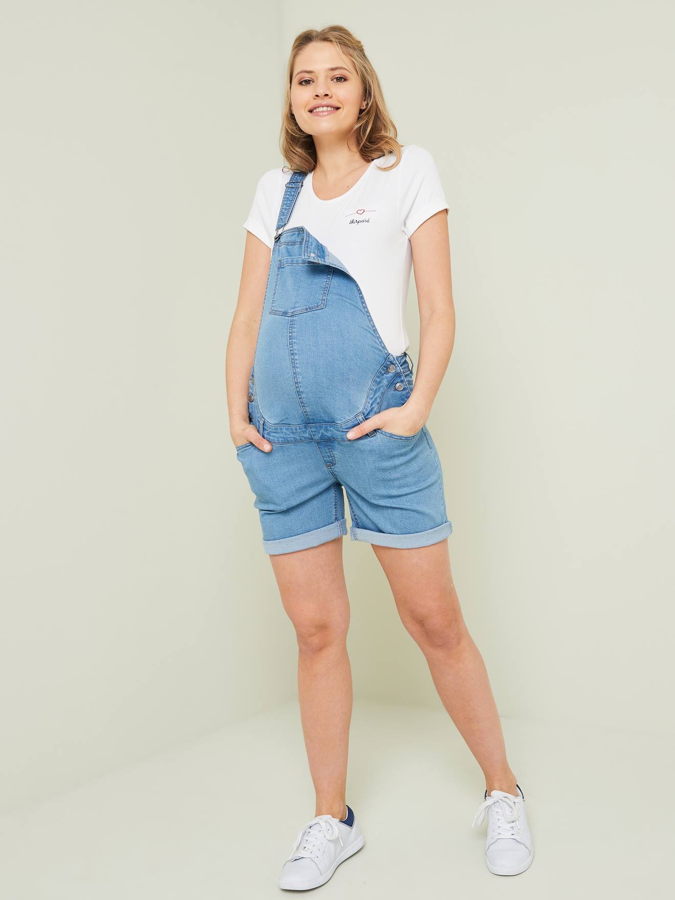 Salopette short en jean de grossesse double stone