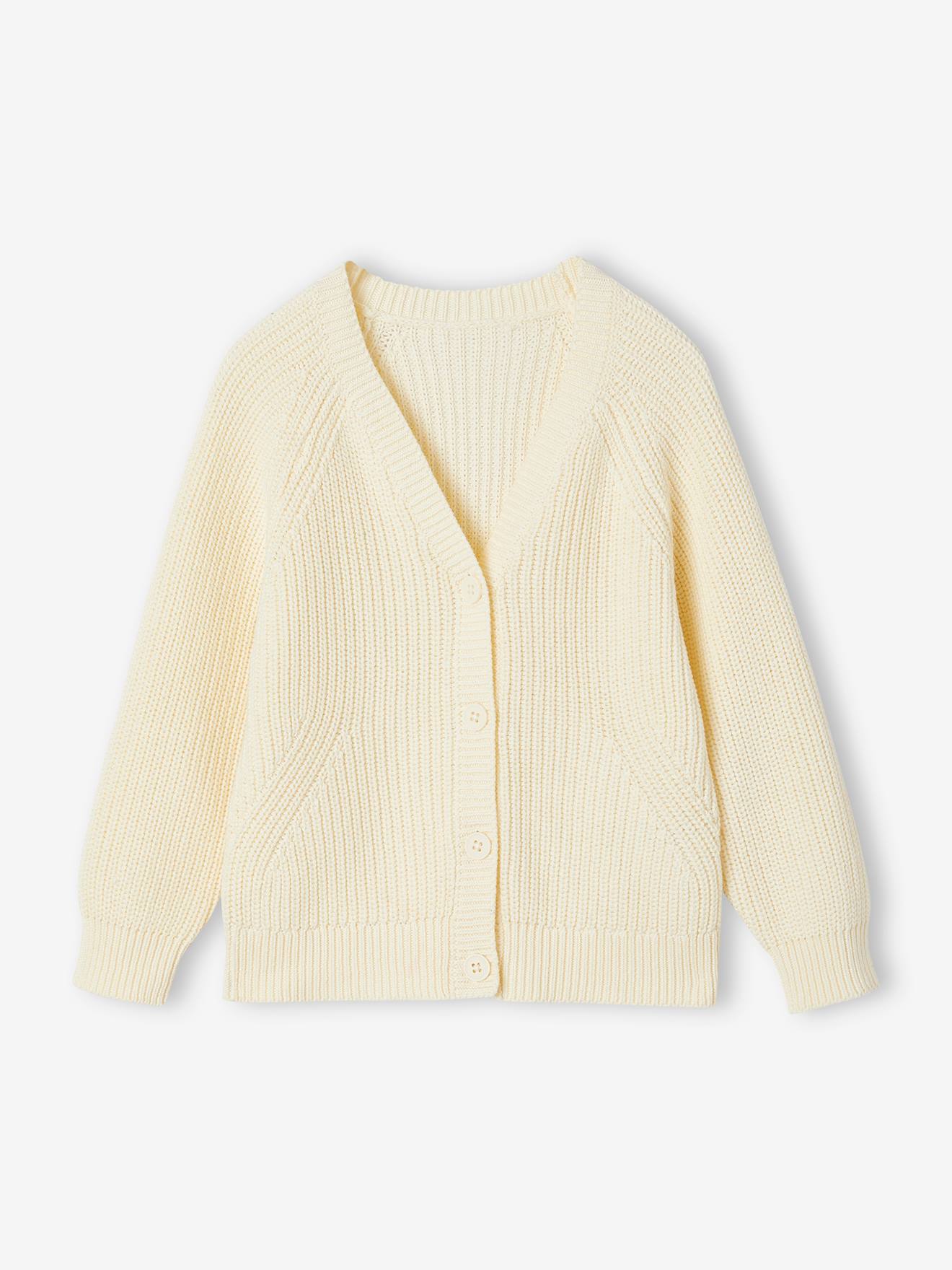 Gilet col V fille en côtes anglaises écru