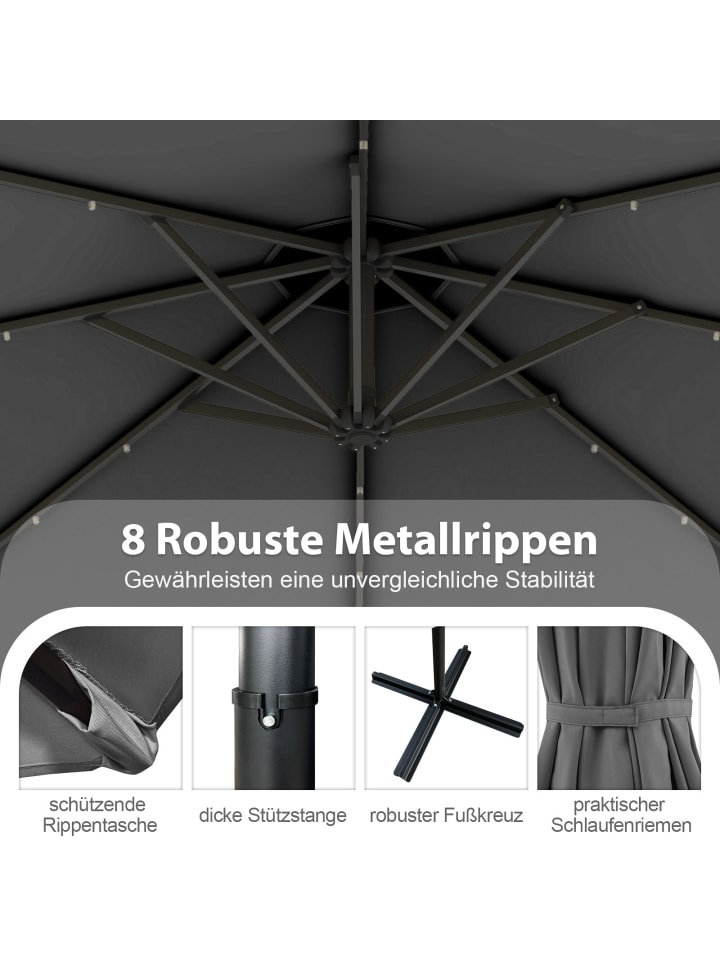 COSTWAY 300cm Sonnenschirm mit LED-Solar-Beleuchtung in Anthrazit günstig kaufen onesize
