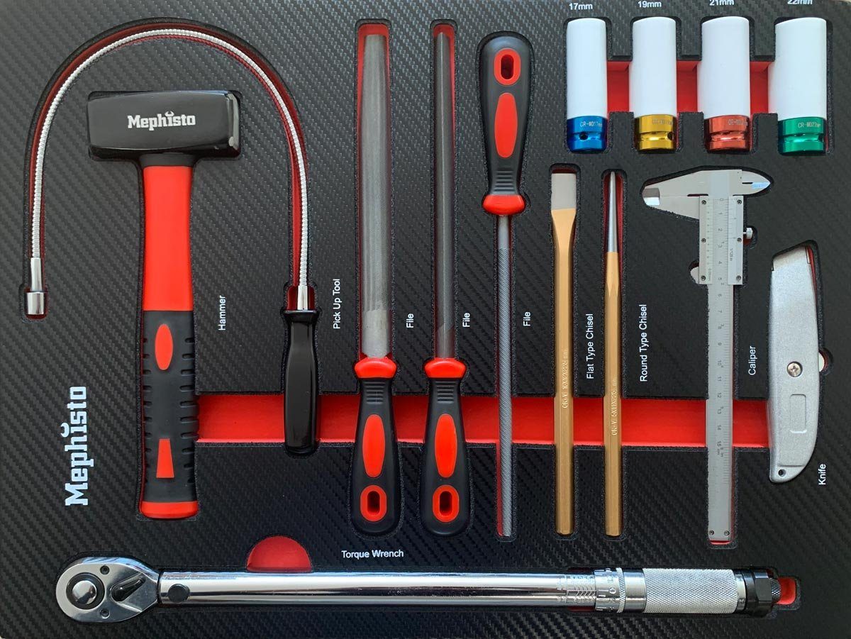 Mephisto-Tools Werkstattwagen, (fertig montiert und bestückt), 8 abschließbare Schubladen, je Schublade belastbar bis je 35 kg, 2 Schlüssel inkl., kugelgelagerte Rollen mit Gummierter Beschichtung, Werkzeug ist aus hochwertigem Chrom Vanadium Stahl,