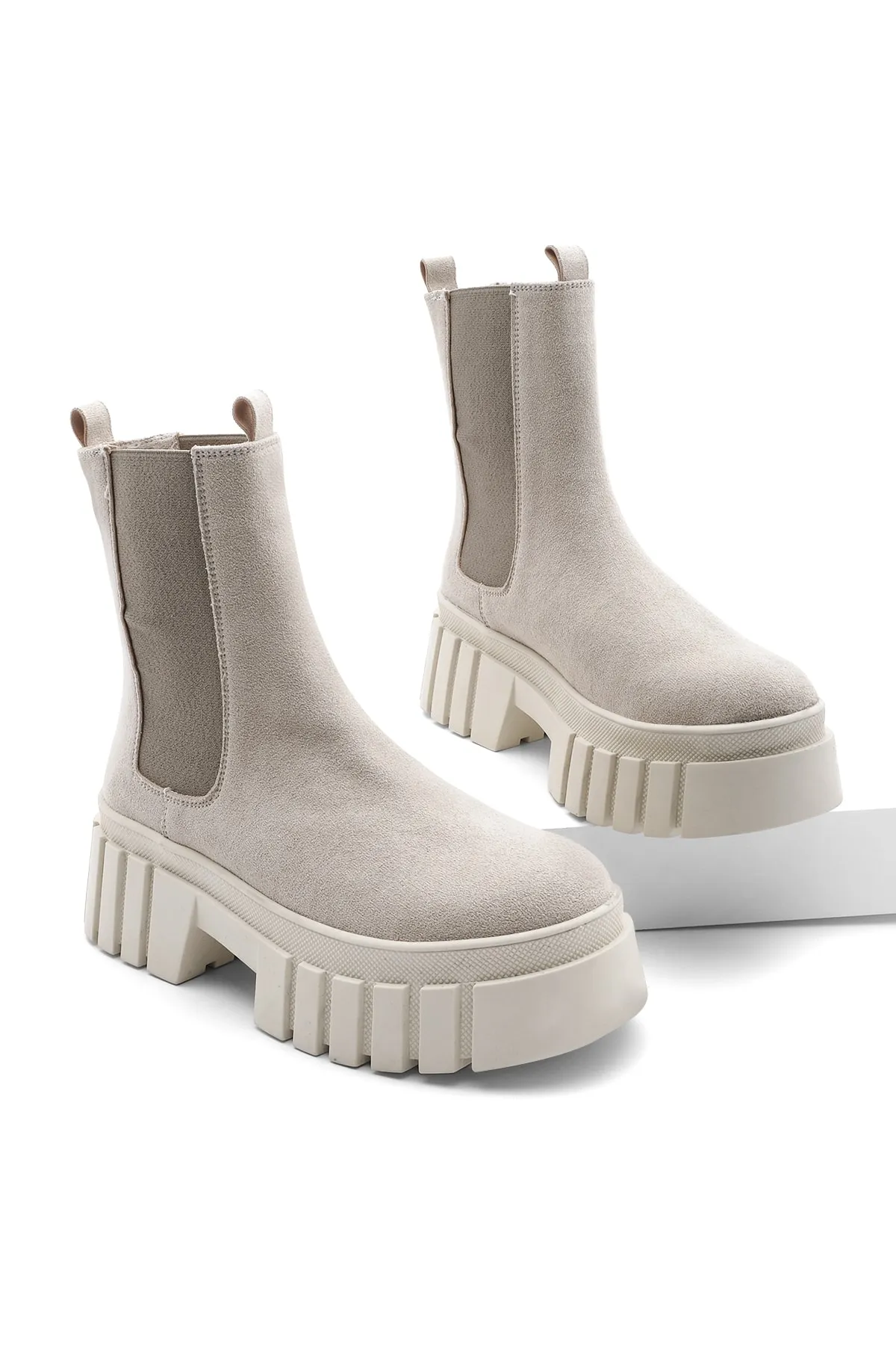 Marjin  Damen-Tagesstiefel aus echtem Leder mit elastischem Seitenband, dicker Sohle, Martes-Beige-Wildleder