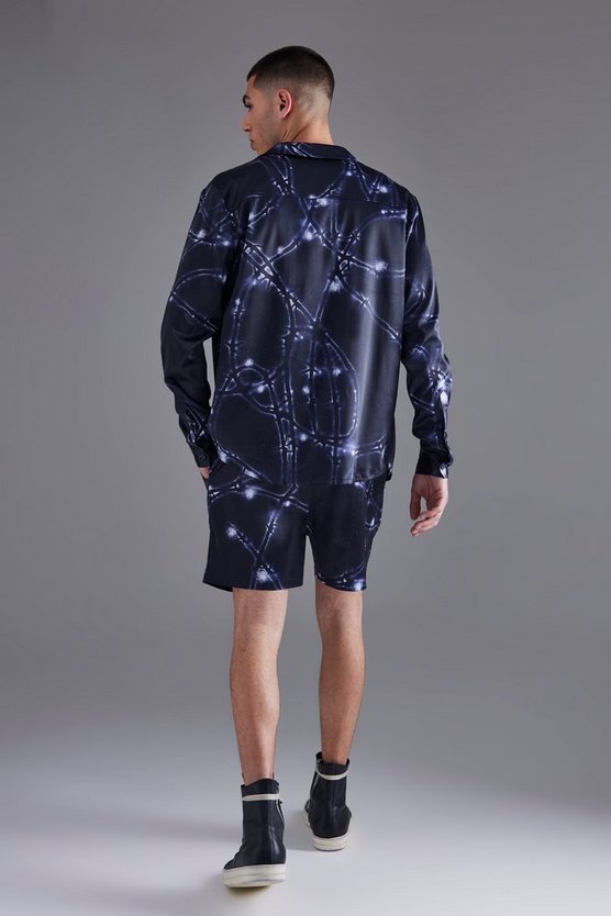Langärmligs Satin Shorts-Set mit Print