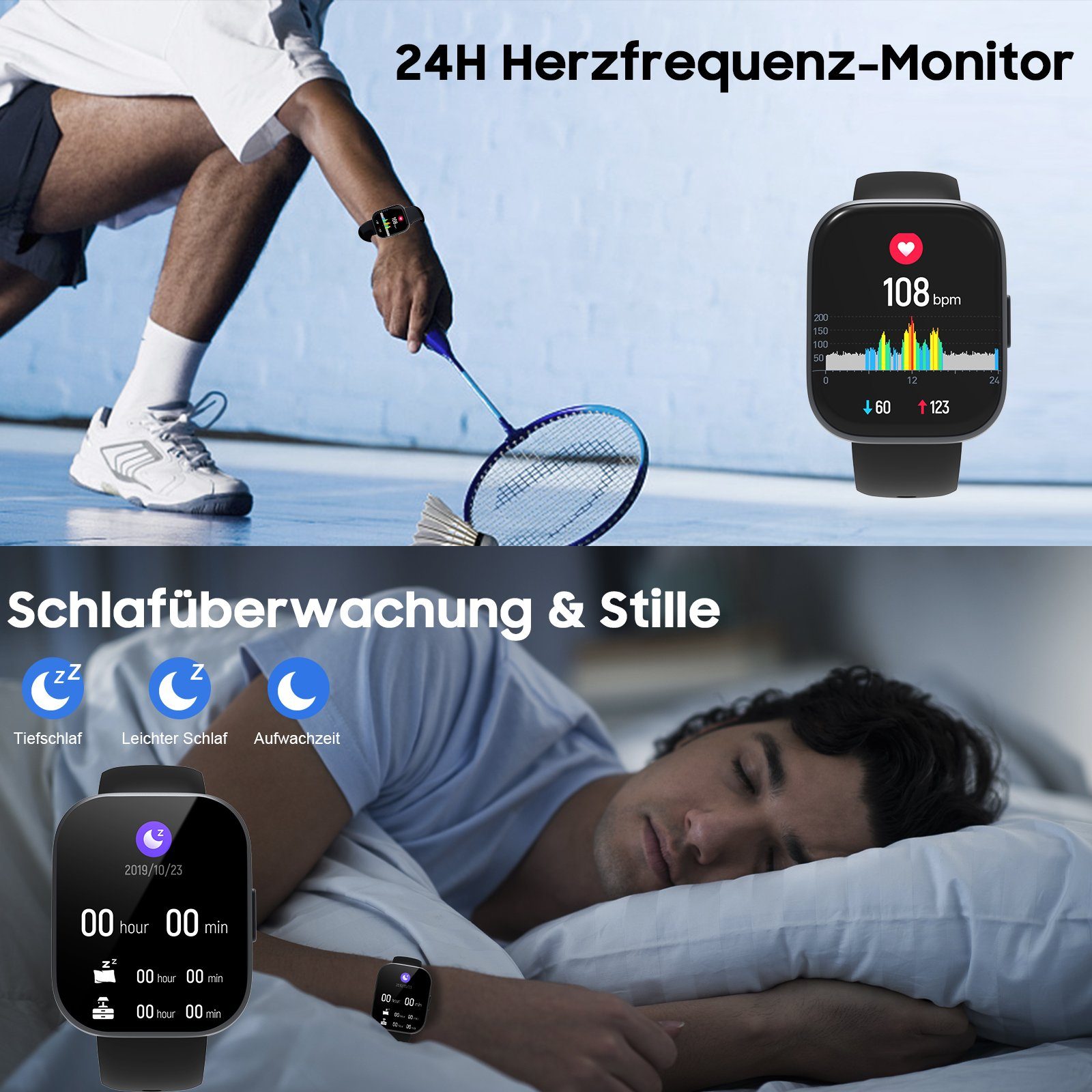 iceagle T33 Smartwatch Damen Herren,Fitnessuhr Tracker mit Telefonfunktion Smartwatch (5.5 cm/1.96 Zoll, iOS 8.0+/Android 4.4) Gesundheits- und Fitness-Smartwatch, für Android/iOS300 mAh Lithium-Akku mit Bluetooth Anrufe, Fitness Uhr, Fitness Tracker