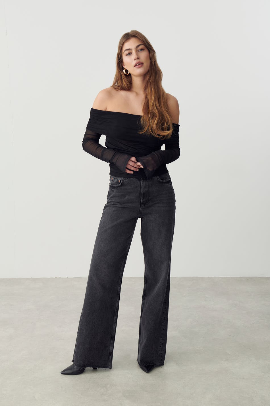 Ruched offshoulder mesh top