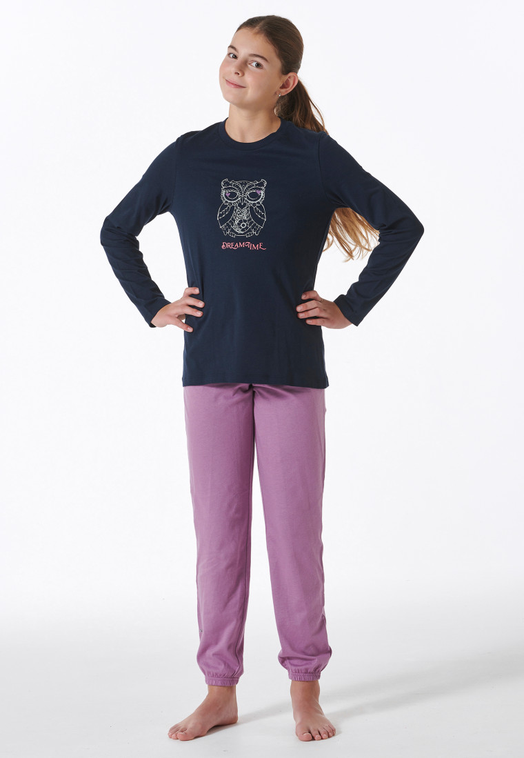 Schlafanzug lang Bündchen Eule nachtblau - Nightwear
