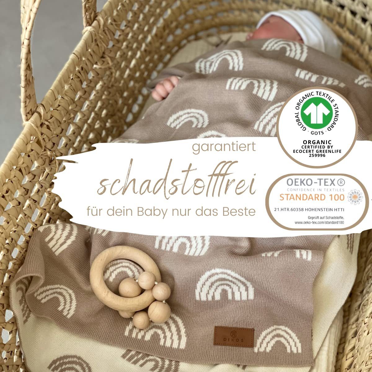 Babydecke DIKOS® Babydecke Baumwolle – Regenbögen – 100 % Bio Baumwolle, DIKOS, PREMIUM Qualität atmungsaktiv, nachhaltig, plastikfrei, kuschelweich