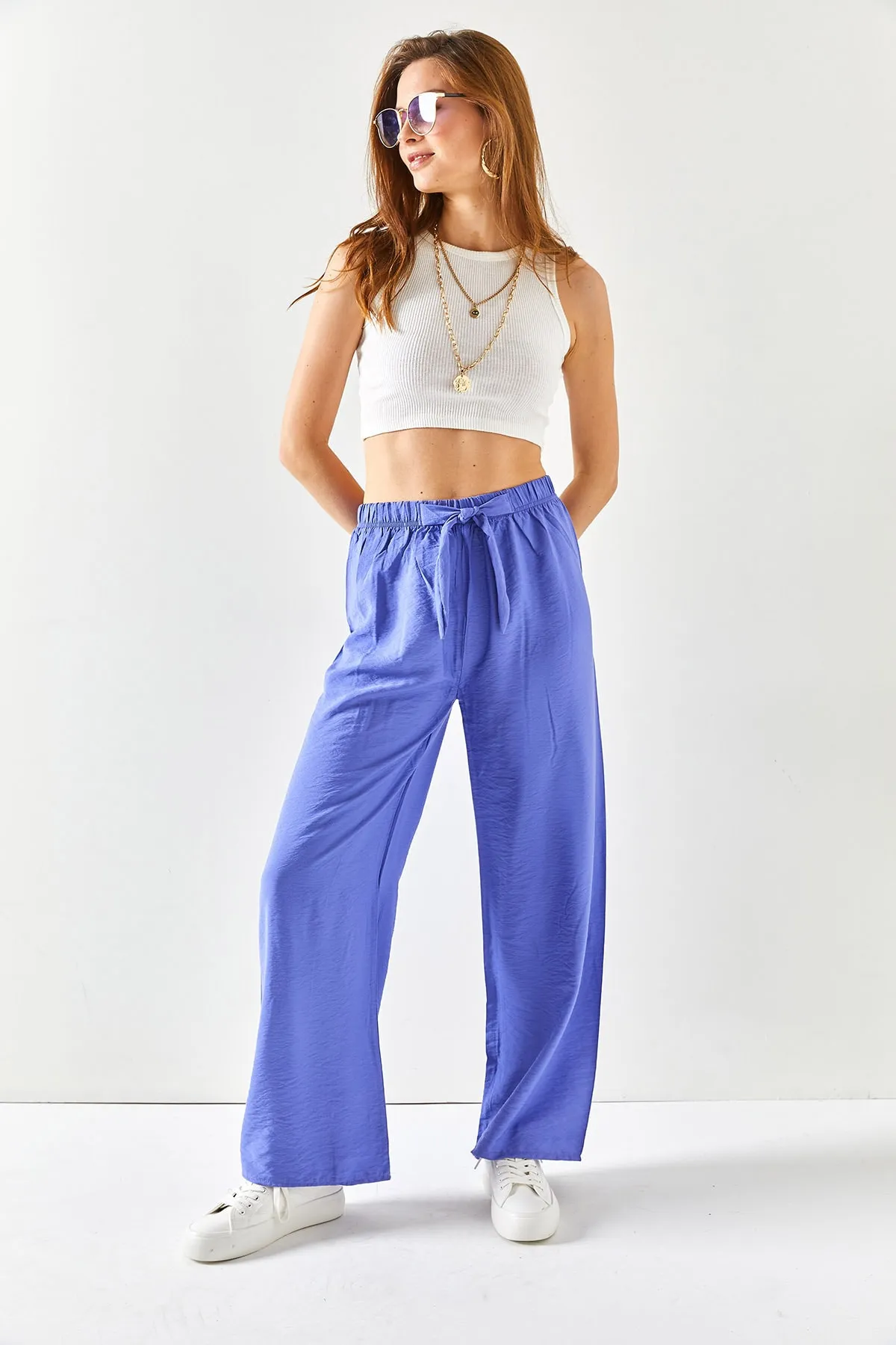 Olalook  Lilafarbene Palazzo-Ayrobin-Hose mit Gürtel und elastischem Bund für Damen PNT-19000200