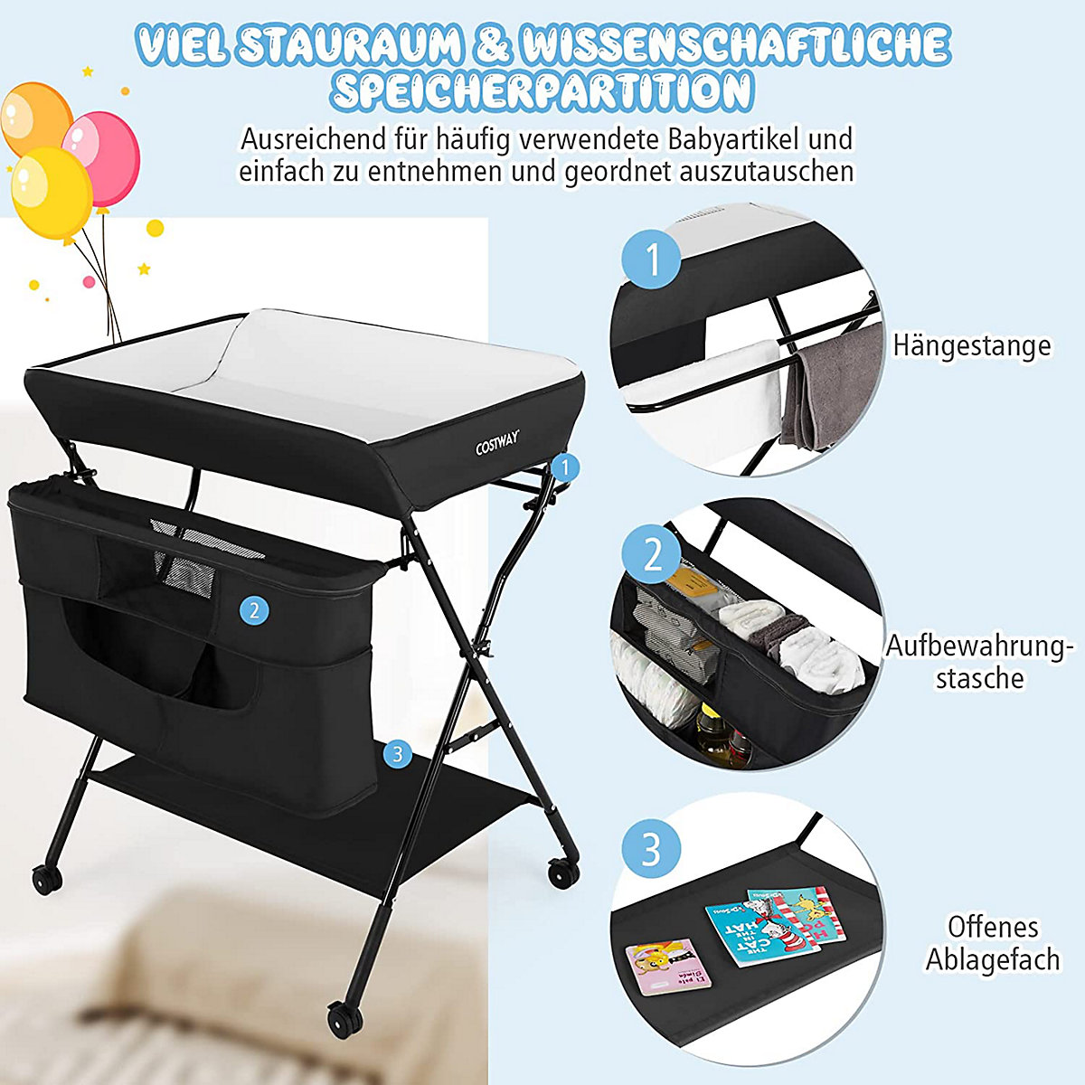 Wickeltisch 4-in-1 Höhenverstellar Klappbar mit Rädern