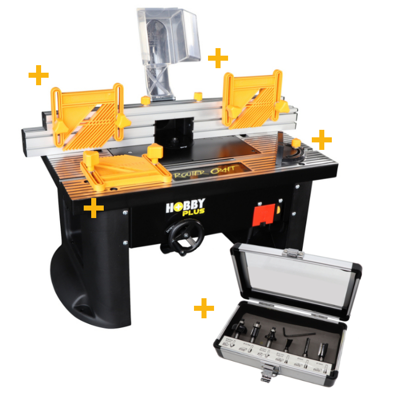Pack promotionnel Tendotools PP1734 - Mini broche pour table de défonceuse TT40AL + 3 poussoirs de pression/1 guide d'onglet + 6 fraises. Offre valable dans la limite des stocks disponibles.