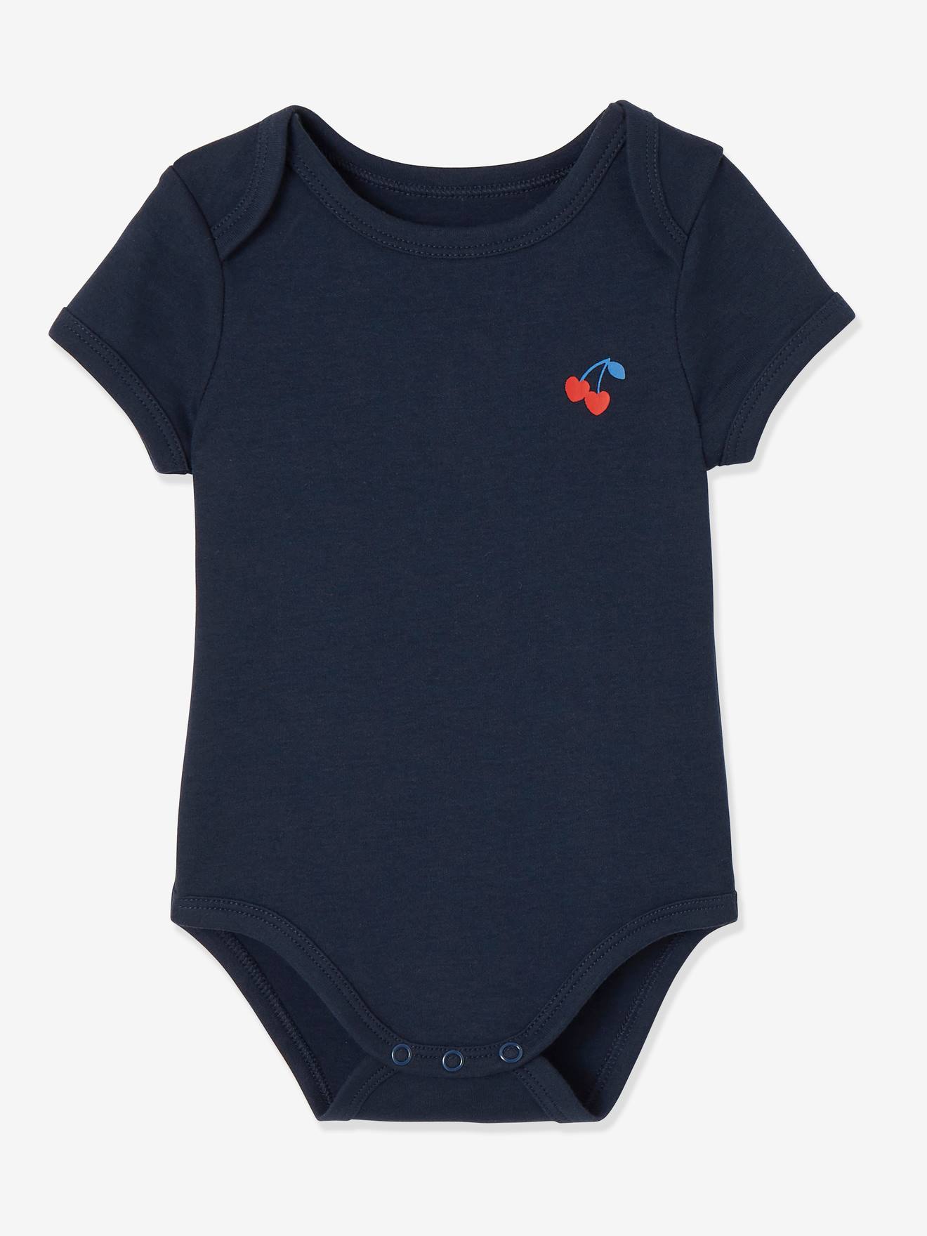 Vertbaudet 3er-Pack Baby Kurzarm-Bodys KIRSCHEN Oeko Tex - nachtblau+weiß bedruckt+gestre