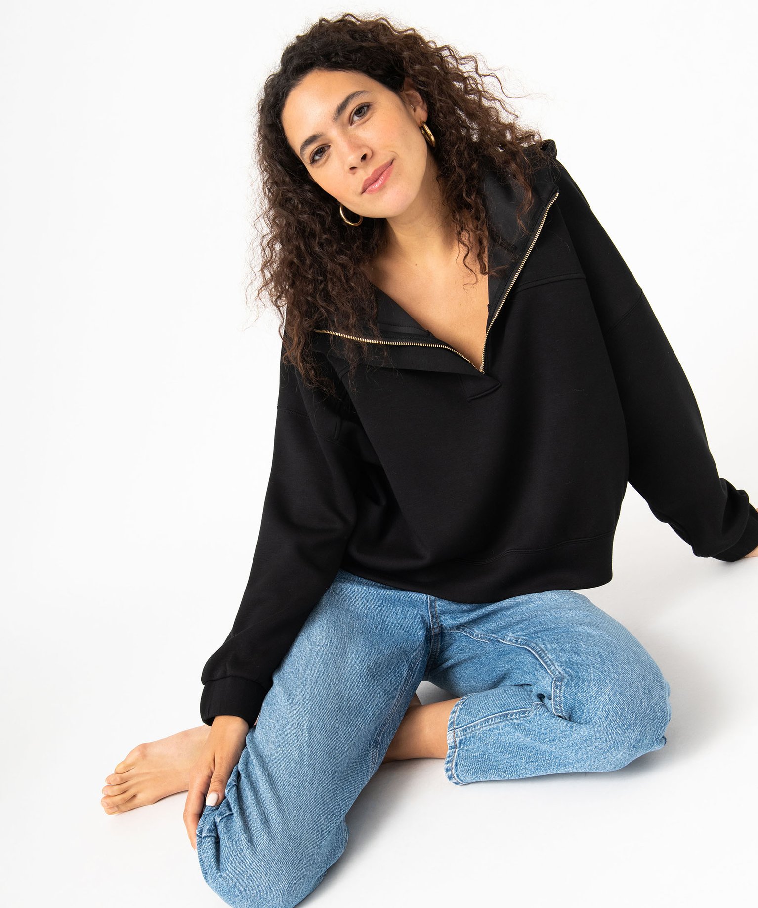 Sweat à capuche oversize avec col zippé femme noir | GEMO