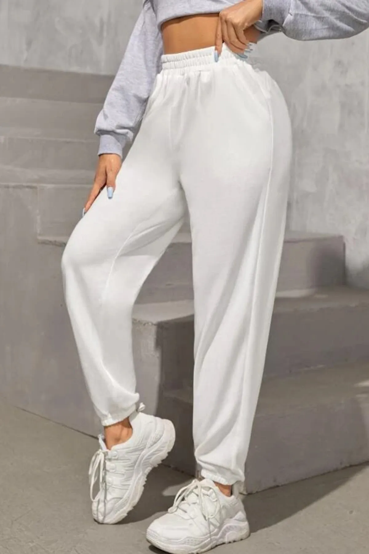 MODAGEN  Weiße, einfarbige, elastische Oversize-Jogginghose für Damen