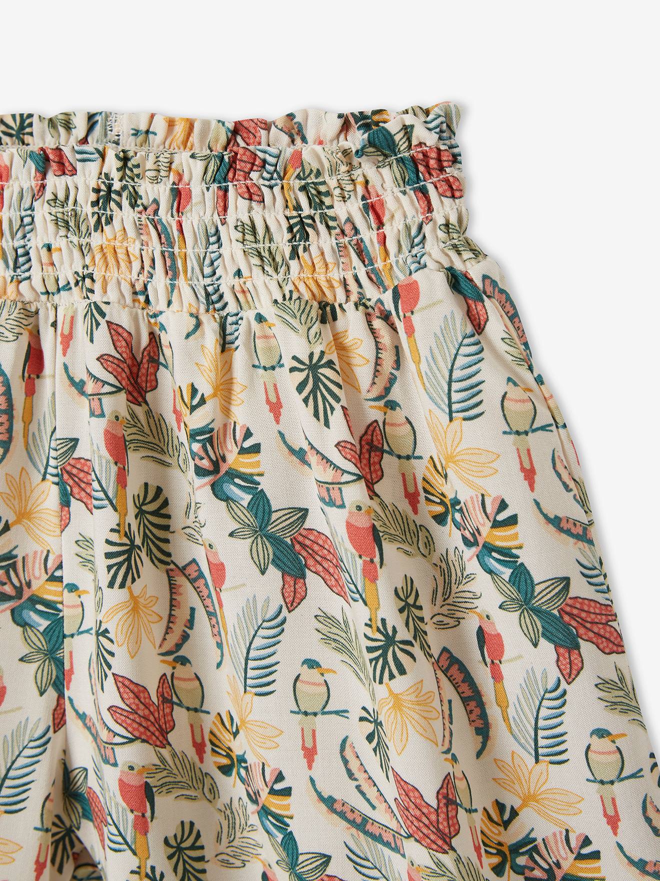 Short fluide effet jupe fille taille smockée beige imprimé