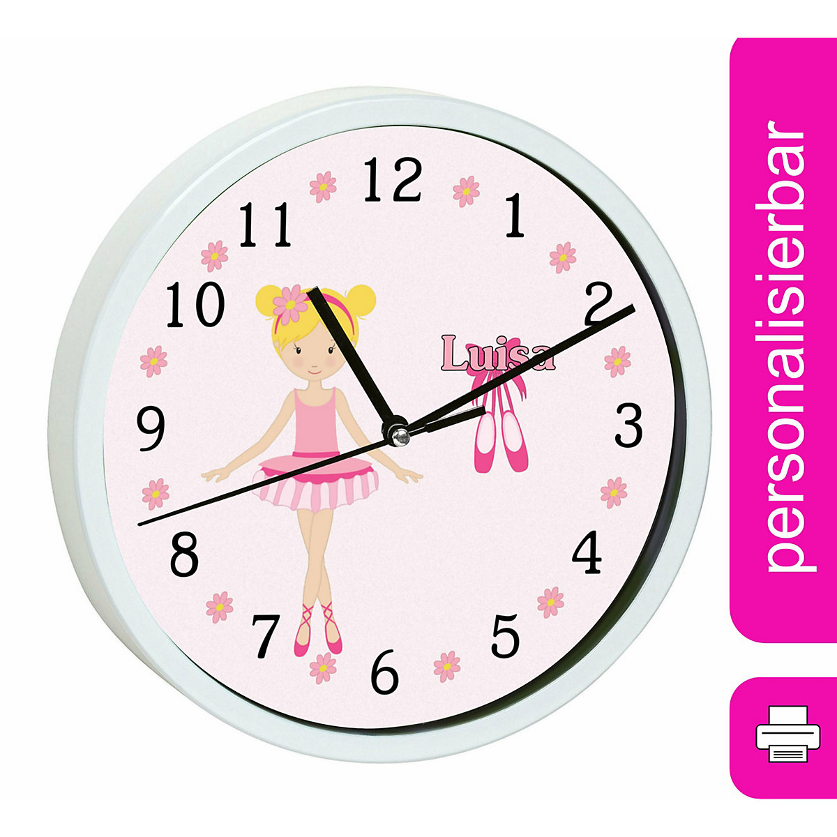 Kinder Wanduhr laufruhig personalisiert mit Name Balerina