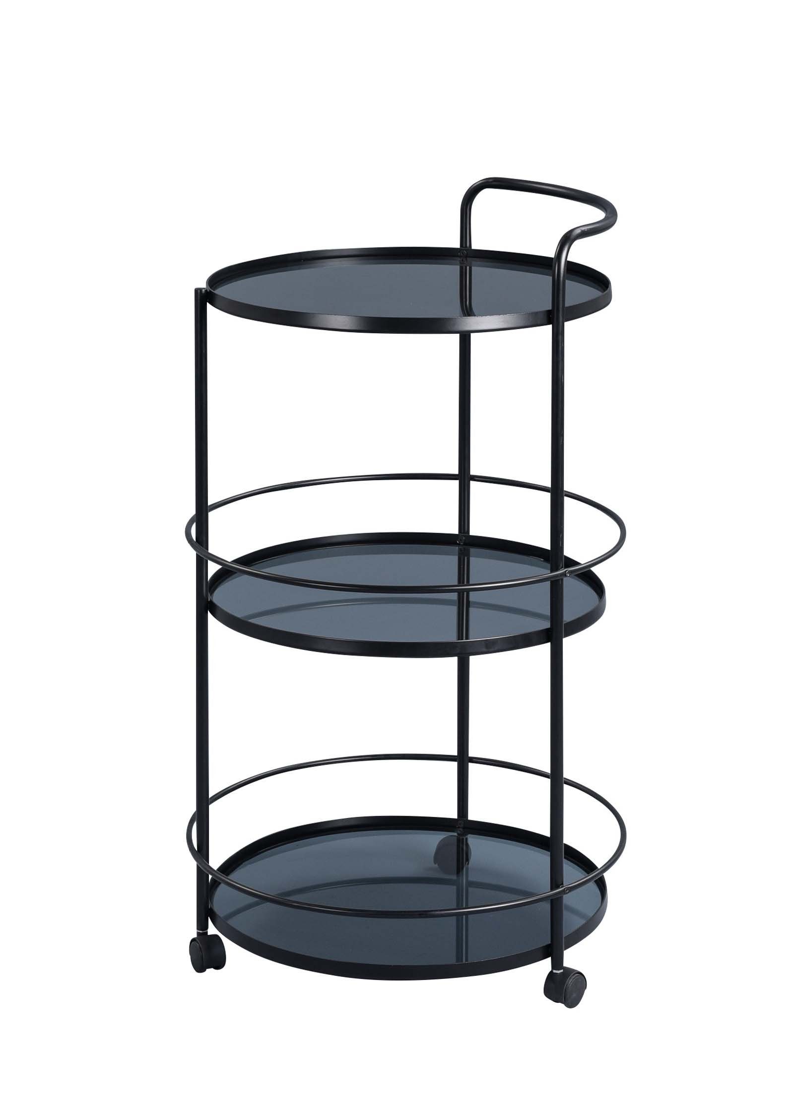 möbelando Servierwagen Laatzen, Platten aus Sicherheitsglas in grau mit 3 Ablagen. Gestell aus Metall in schwarz. Auf Rollen.