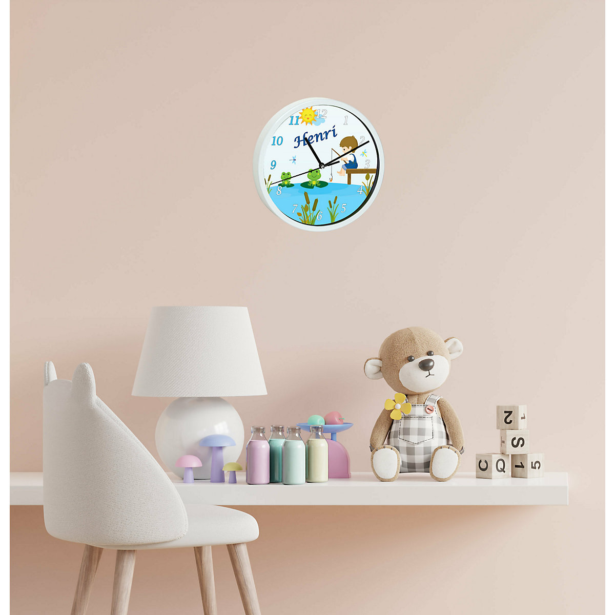 Kinder Wanduhr personalisiert mit Name Froschteich