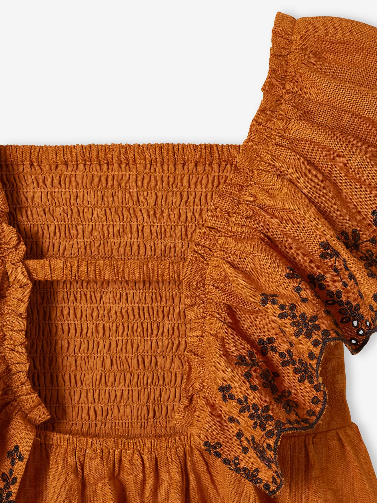 Robe smockée manches brodées fille caramel