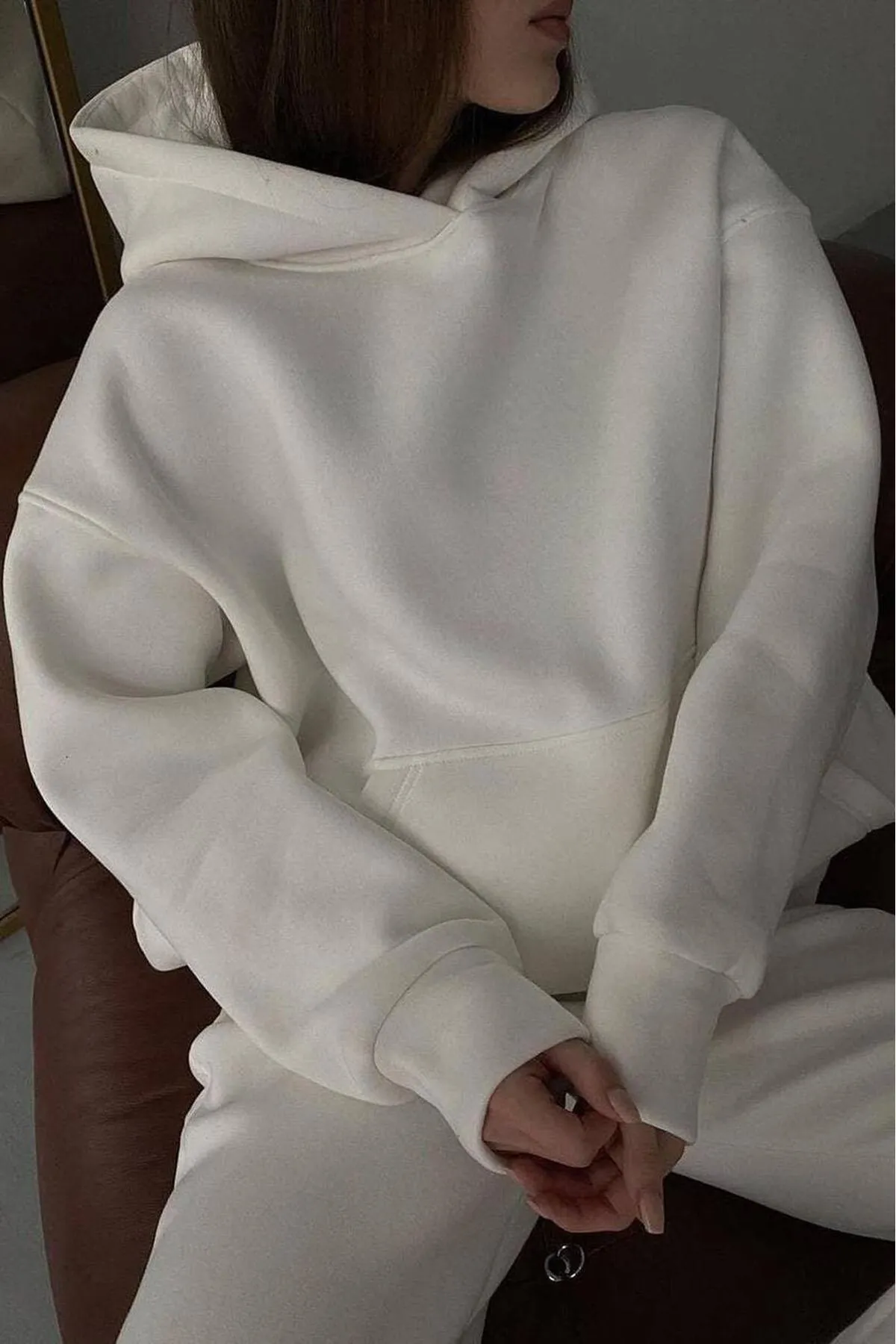 Madmext  Weißes, geripptes Oversize-Sweatshirt mit Kapuze MG1566