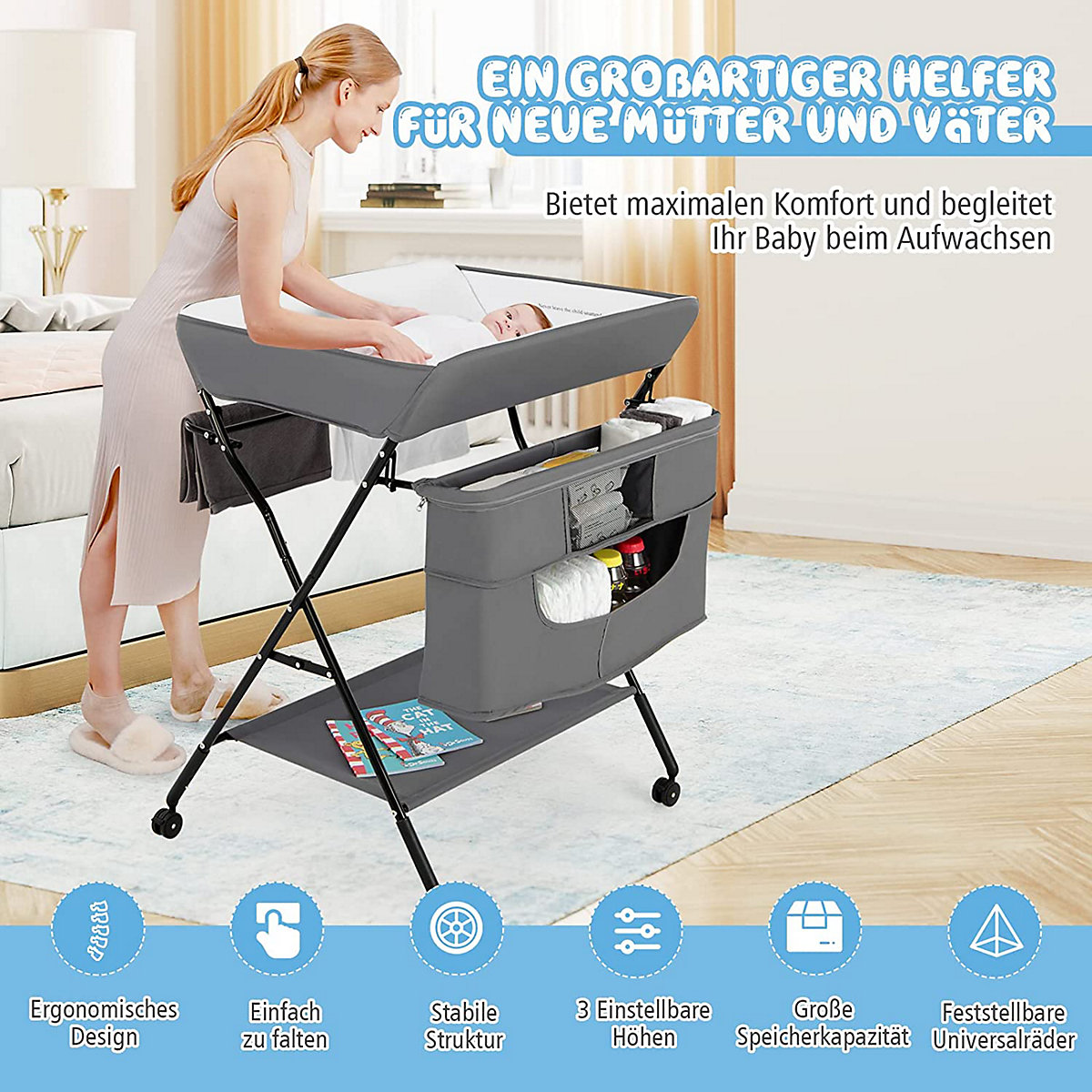 Wickeltisch 4-in-1 Höhenverstellar Klappbar mit Rädern