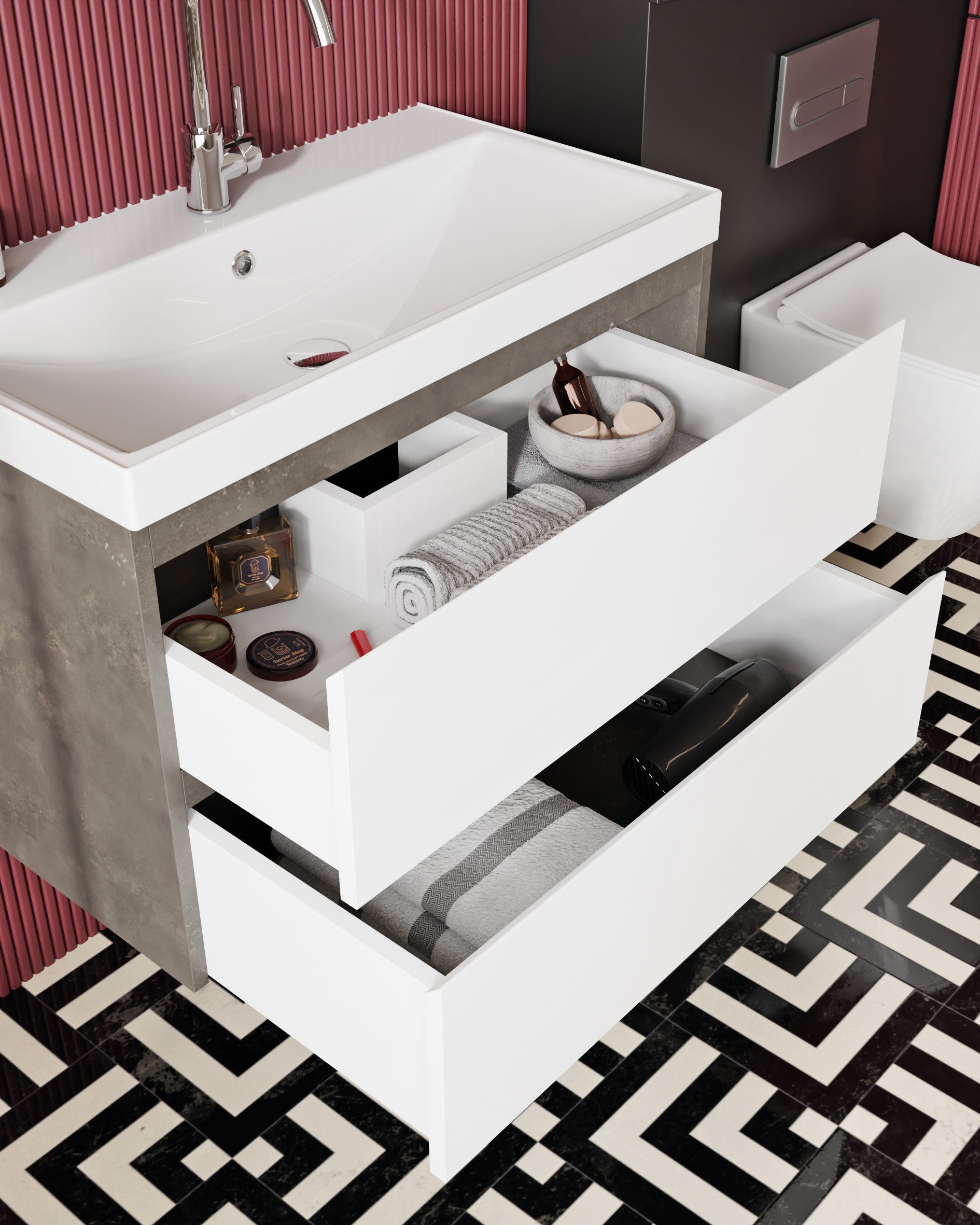 Karen Badezimmer-Set Beta, (Komplett-Set, 3-Teilig (Unterschrank, Spiegelschrank, Waschbecken), 3-St., Unterschrank mit Schubladen, Spiegelschrank mit Türen & Regalen), Retro Design, Softclose, Griffleisten