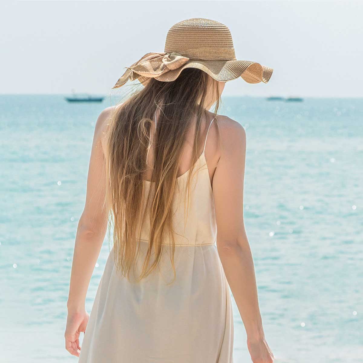 Vivi Idee Strohhut Sonnenhut Sommerhut Strandhut Straw hat, Damen faltbar, Einheitgröße wellenförmiger Rand