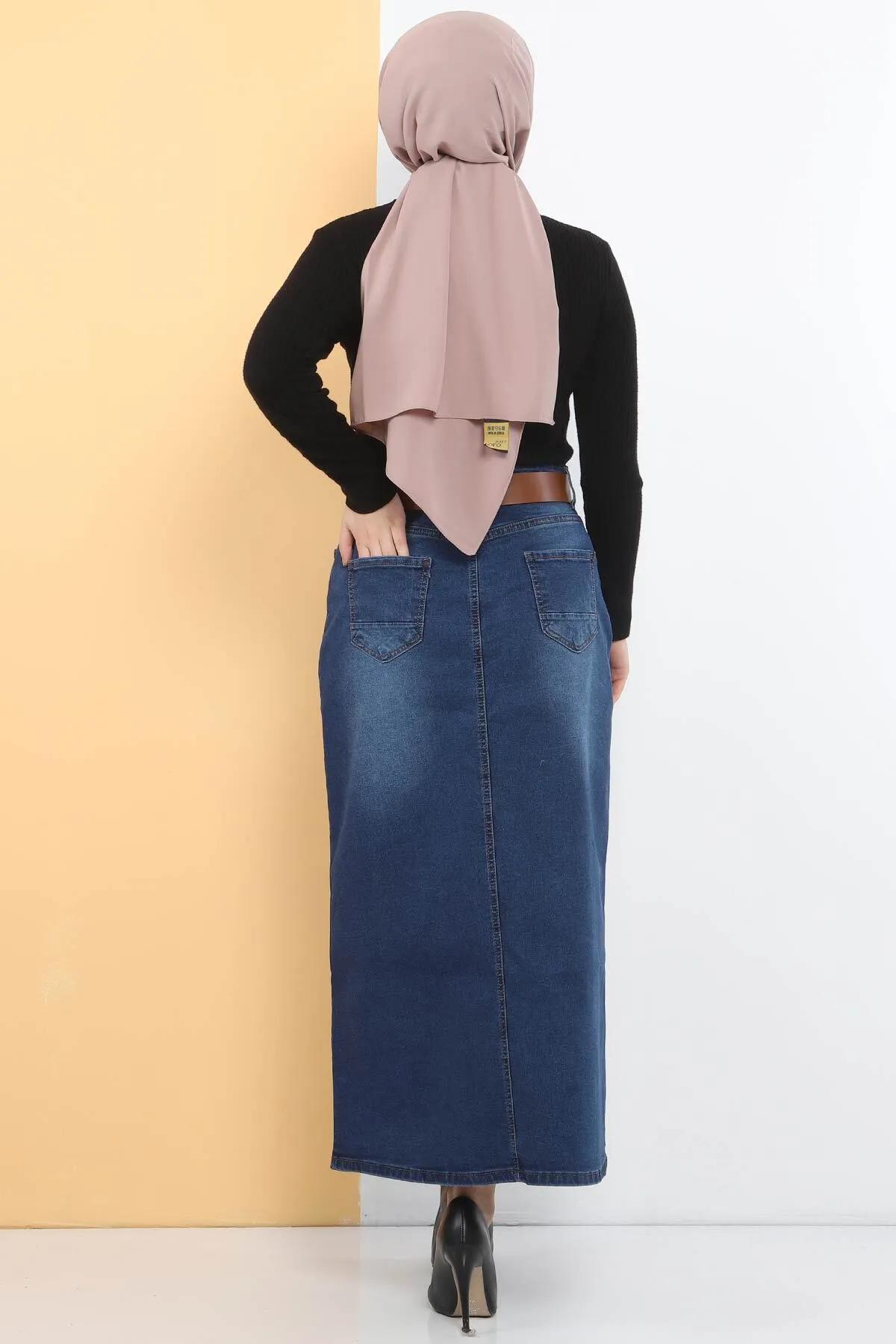 Tesettür Dünyası  Jeansrock mit Gürtel TSD231015 Dunkelblau