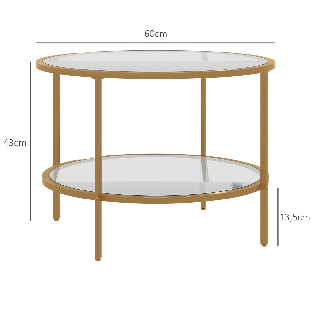 HOMCOM Beistelltisch Rund Couchtisch mit Ablage, Stahlrahmen, Kaffeetisch Gold