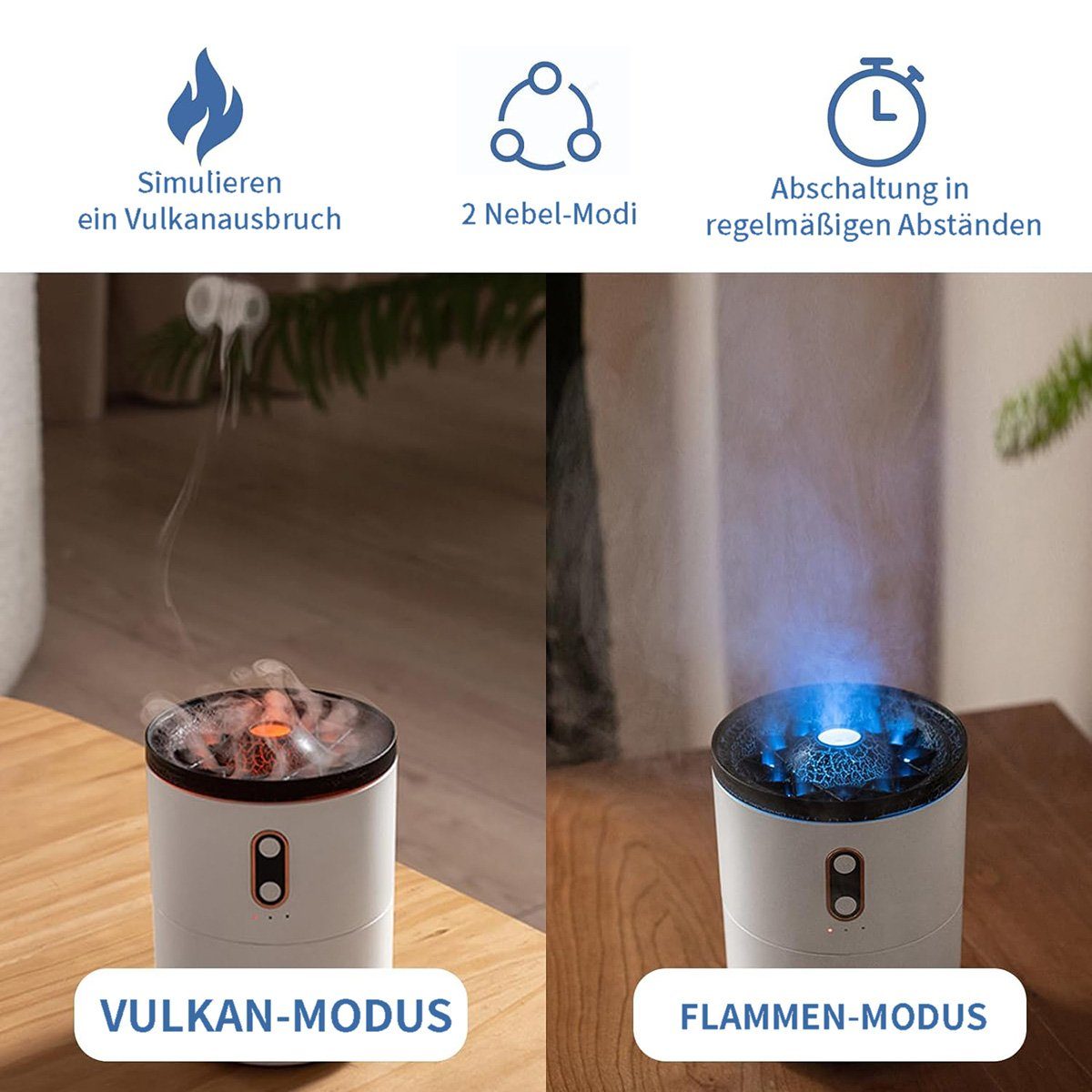 götäzer Luftbefeuchter Vulkan-Luftbefeuchter, Aromatherapie-Diffusor für zu Hause (450 ml), 2 Farben und 2 Nebelmodi, automatische Abschaltung ohne Wasser