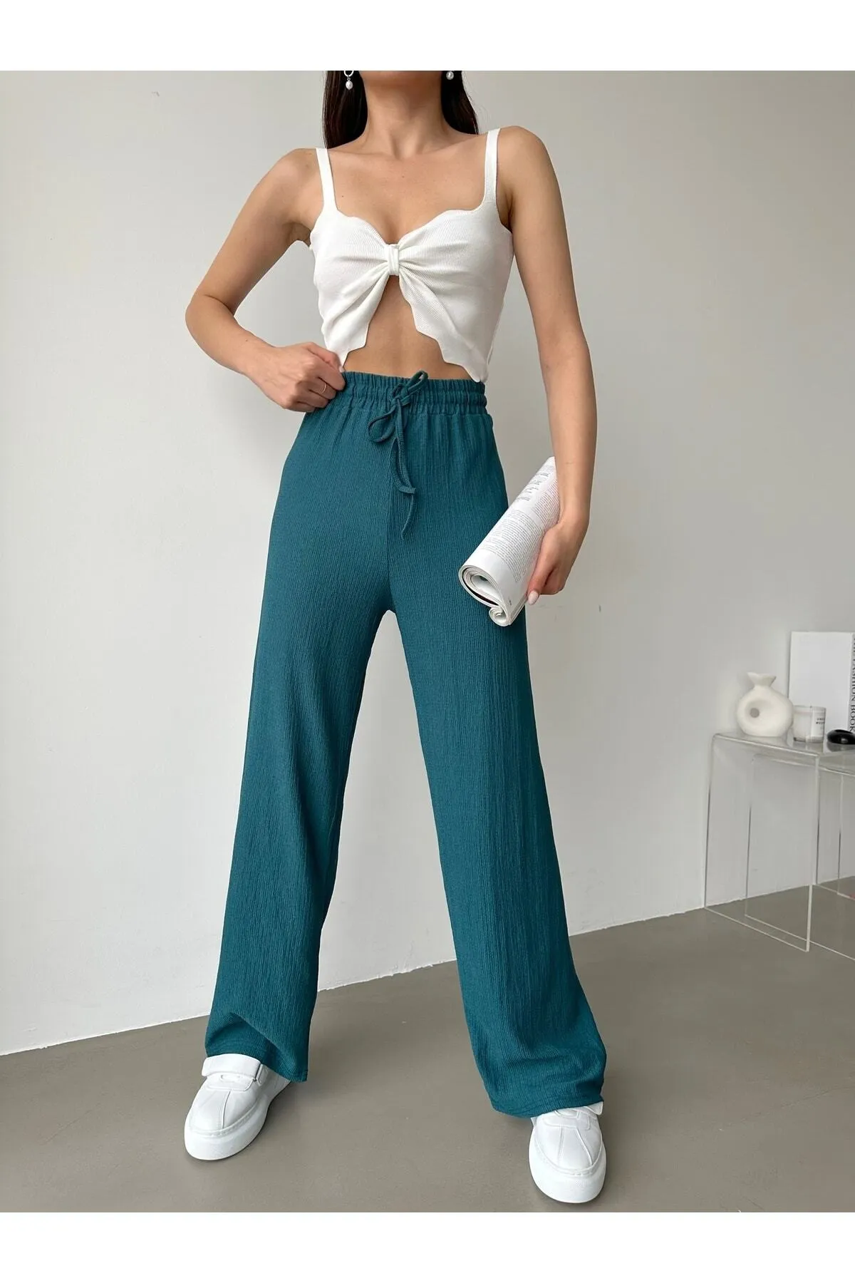 BEJNA  Petrolgrüne Palazzo-Hose mit elastischem Bund für Damen