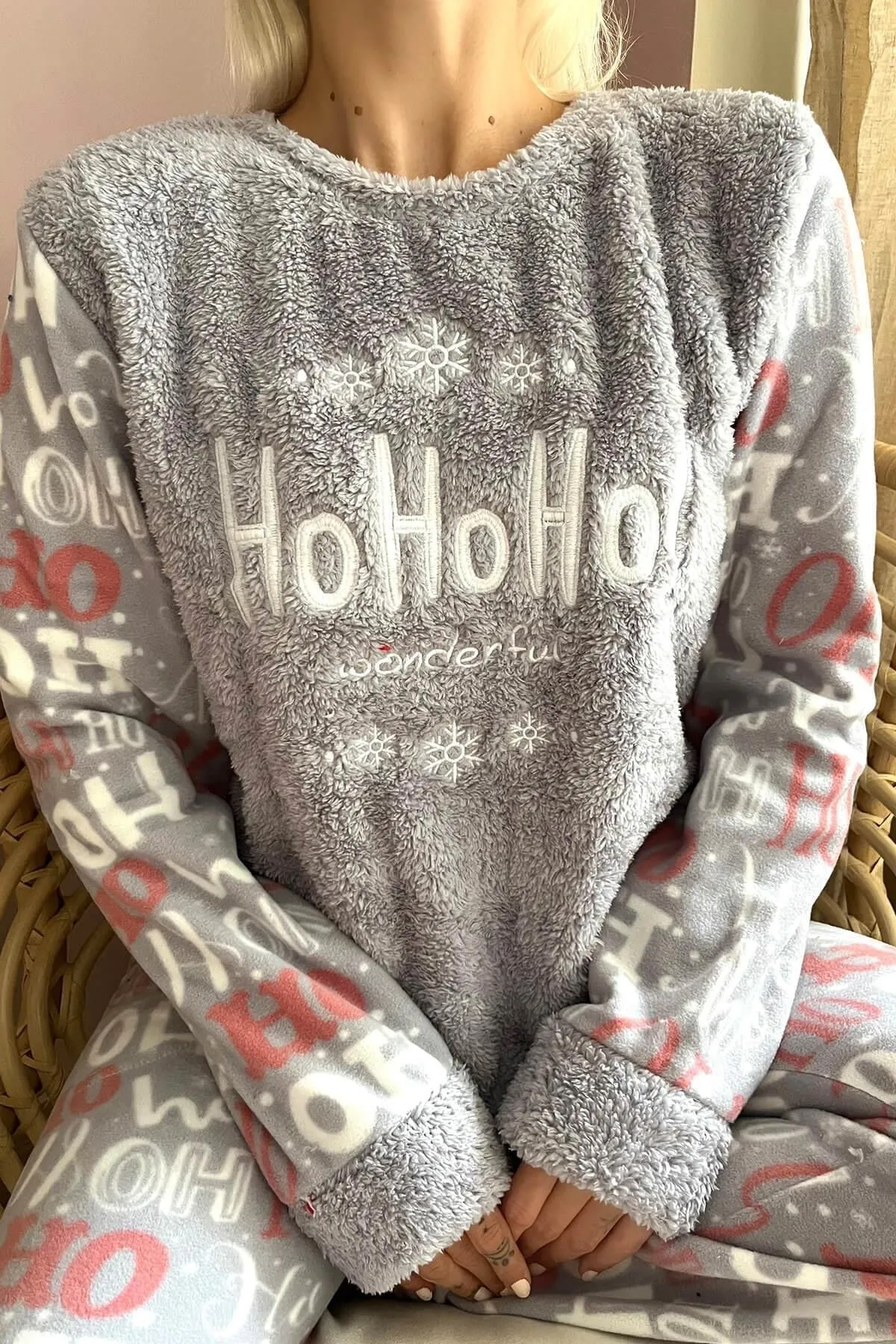 Pijamaevi  Graues Hoho-gemustertes Plüsch-Pyjama-Set für Damen
