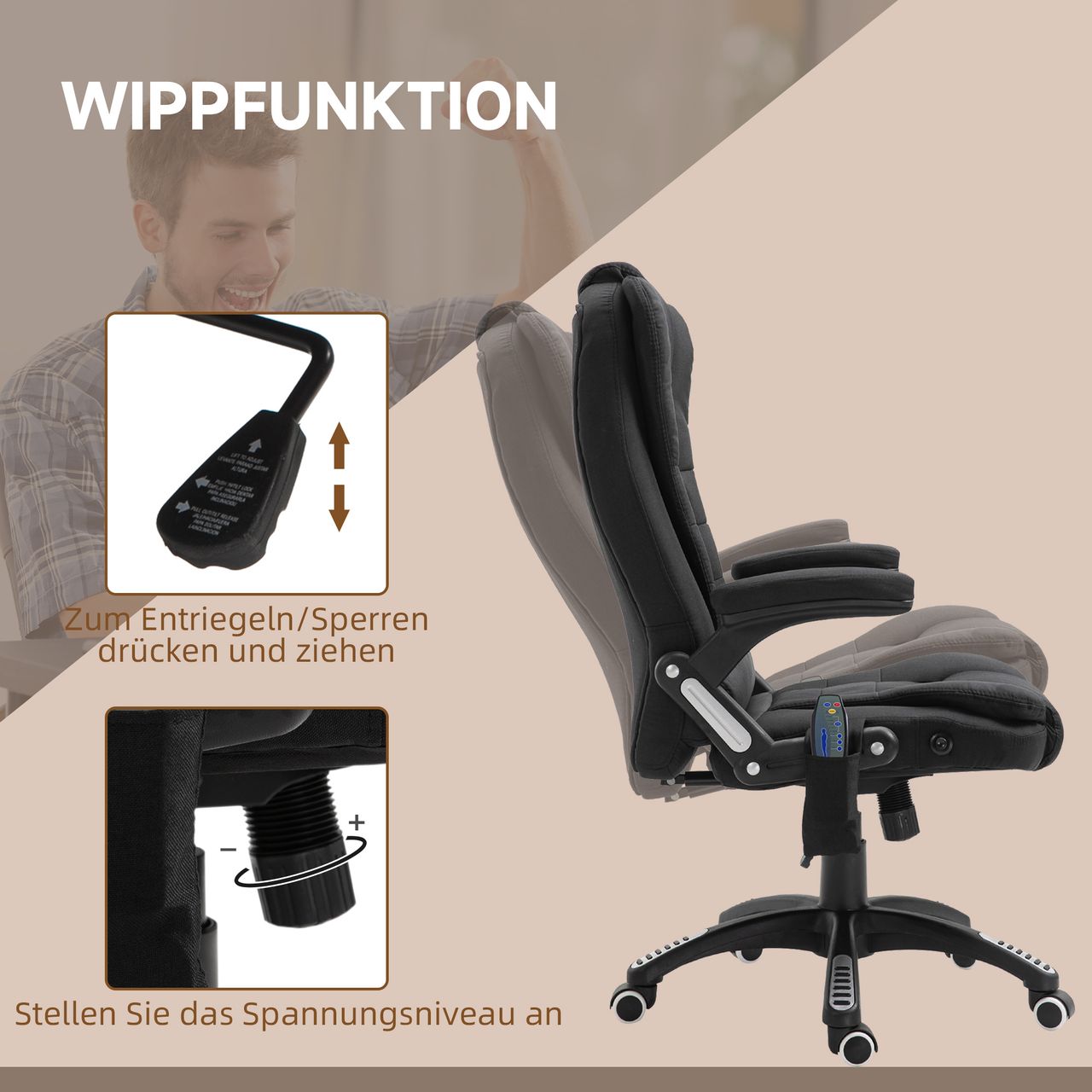 Vinsetto Massagesessel Chefsessel mit Massagefunktion höhenverstellbarer Drehstuhl ergonomischer Gamingstuhl Bürostuhl massage Schwarz 68 x 72 x 110–120 cm