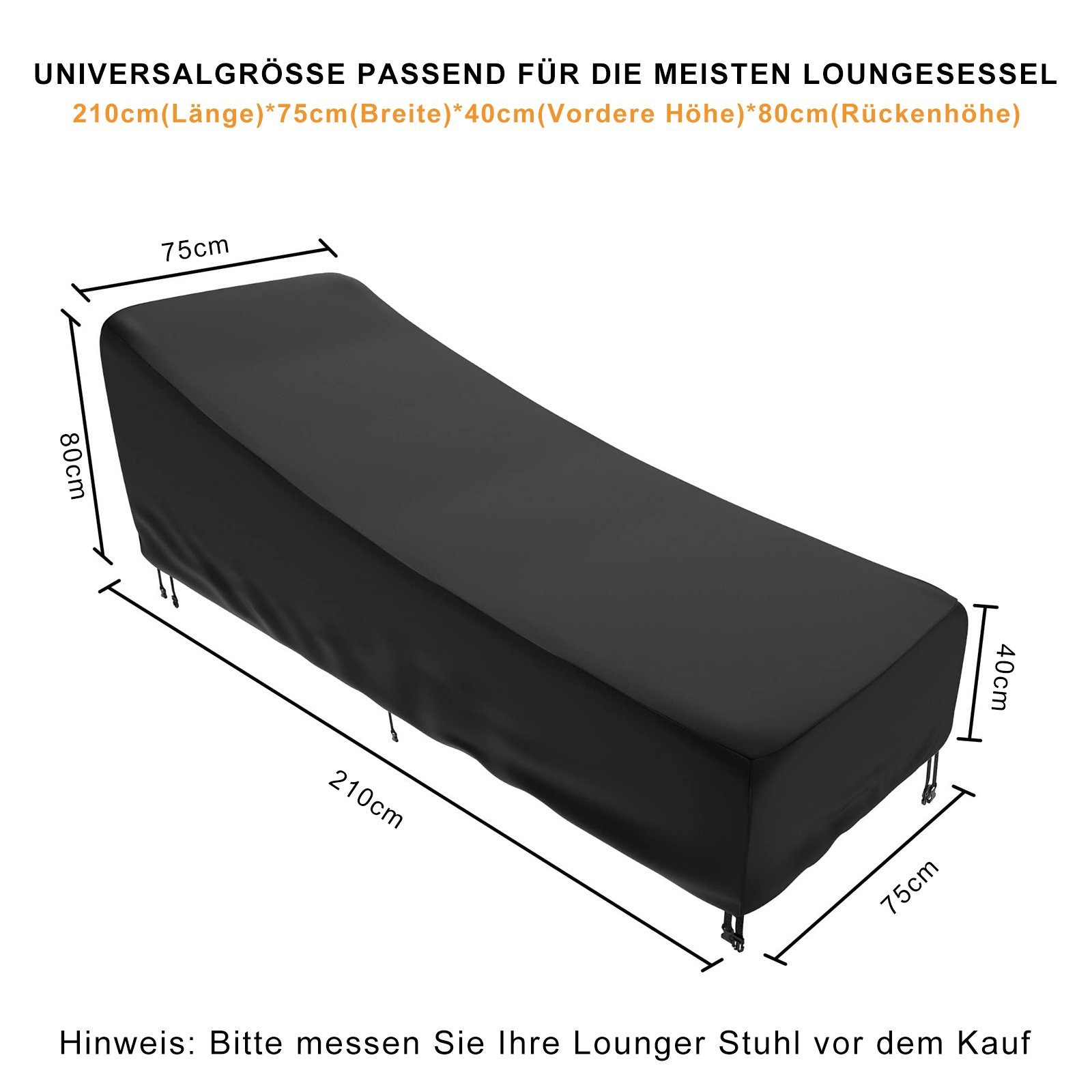 BTTO Gartenmöbel-Schutzhülle Sitzgruppen Schutzhülle 210D Schutzhülle Abdeckung Schwarz 210x75x40cm, Wasserdicht, Kordelzug für Freien,Garten,Balkon,Terrasse Sonnenliegen