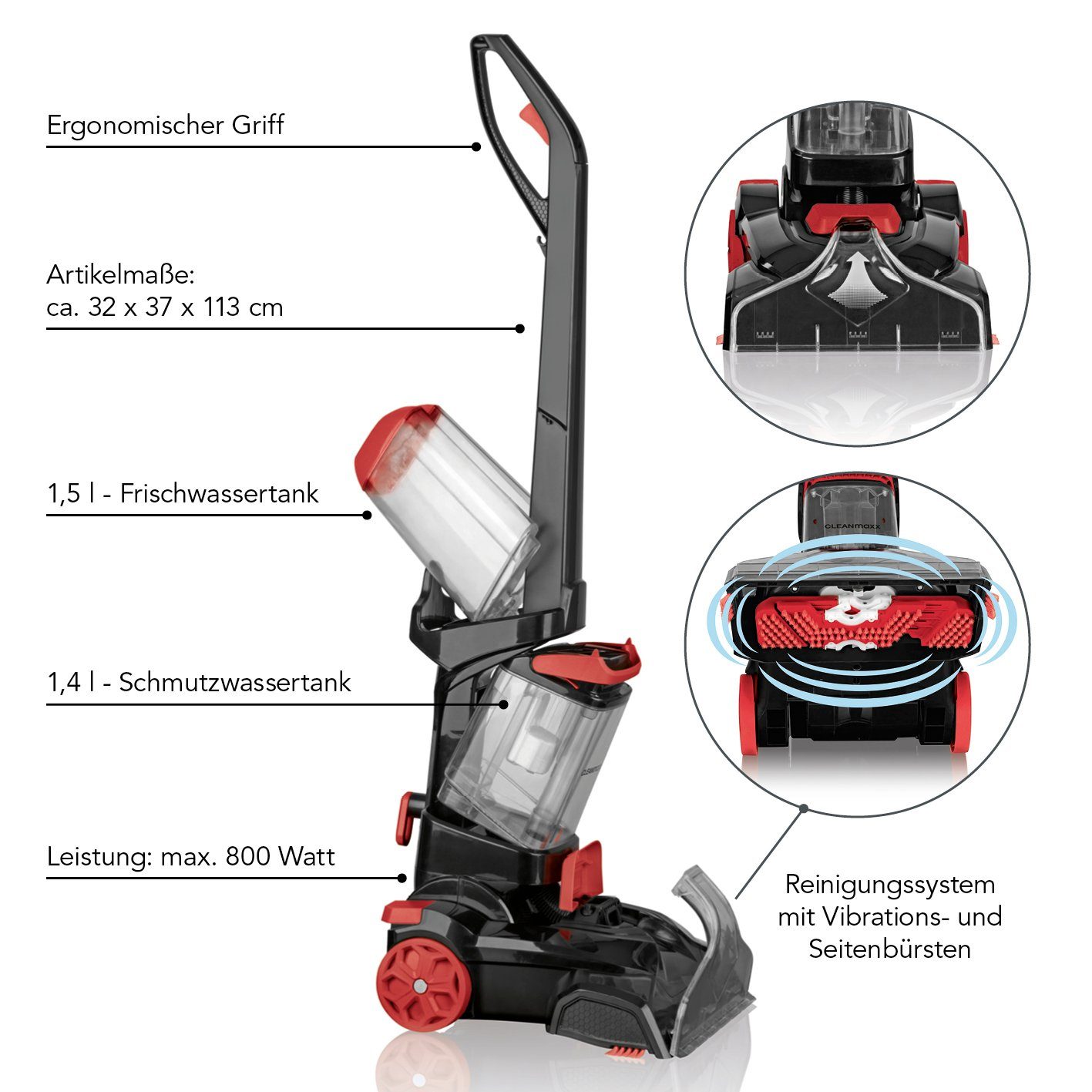 CLEANmaxx Teppichreinigungsgerät Professional mit Vibrations- und Seitenbürsten - schwarz/rot, Waschsauger, Teppichreiniger, Shampoonierer, Teppich