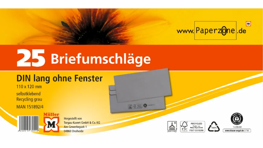 PAPERZONE Briefumschlag DIN lang selbstklebend recycling-grau
