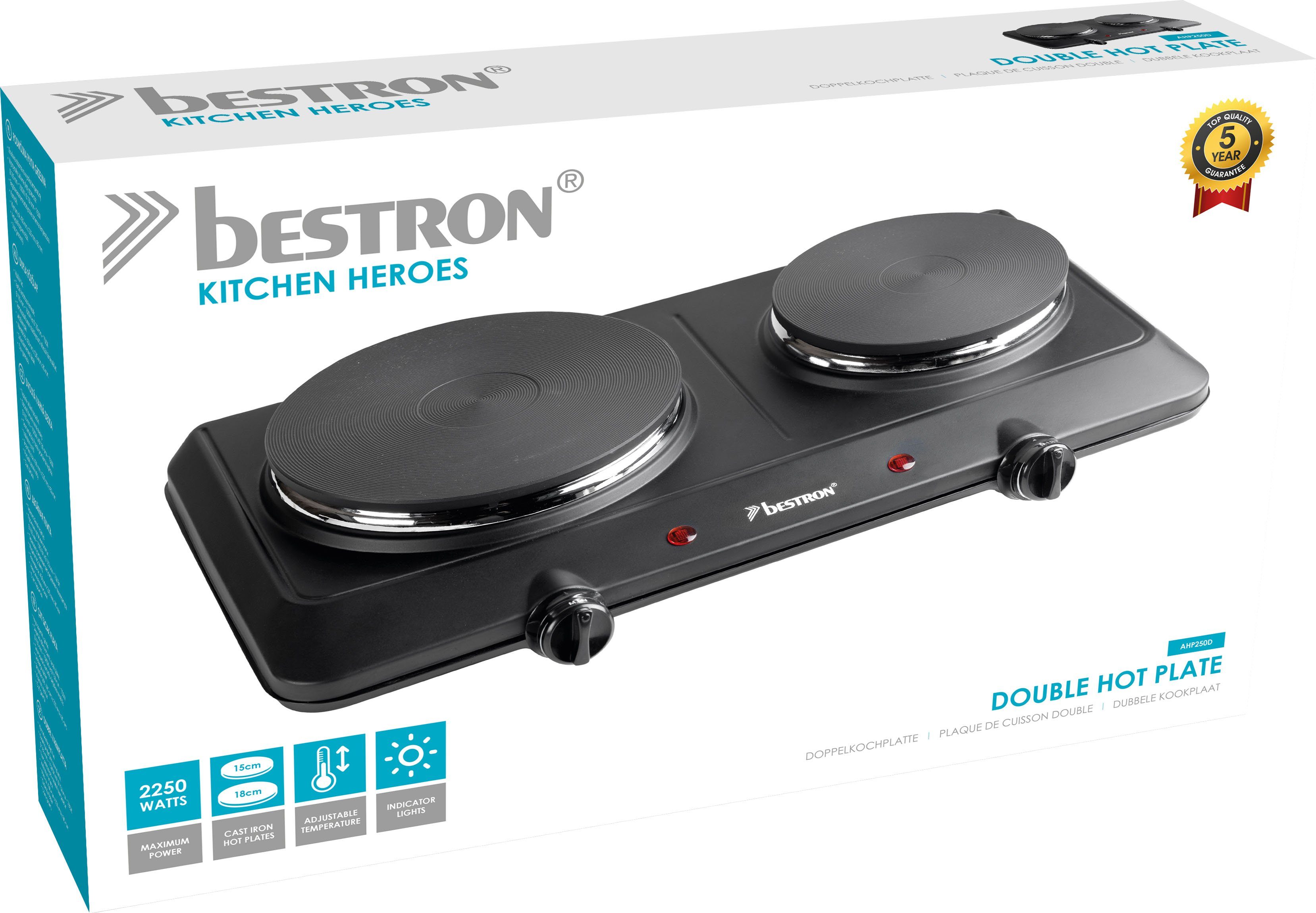 bestron Doppelkochplatte AHP250 Kitchen Heroes, aus Gusseisen, Ø 18/15 cm, 2250 Watt, Schwarz