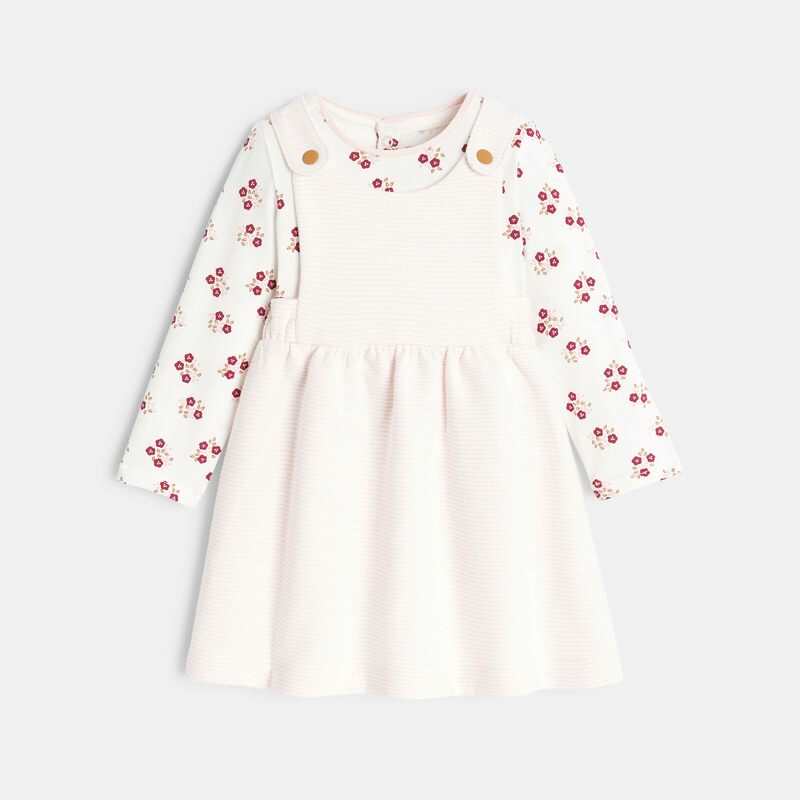 Robe à bretelles à rayures et body fleuri rose naissance