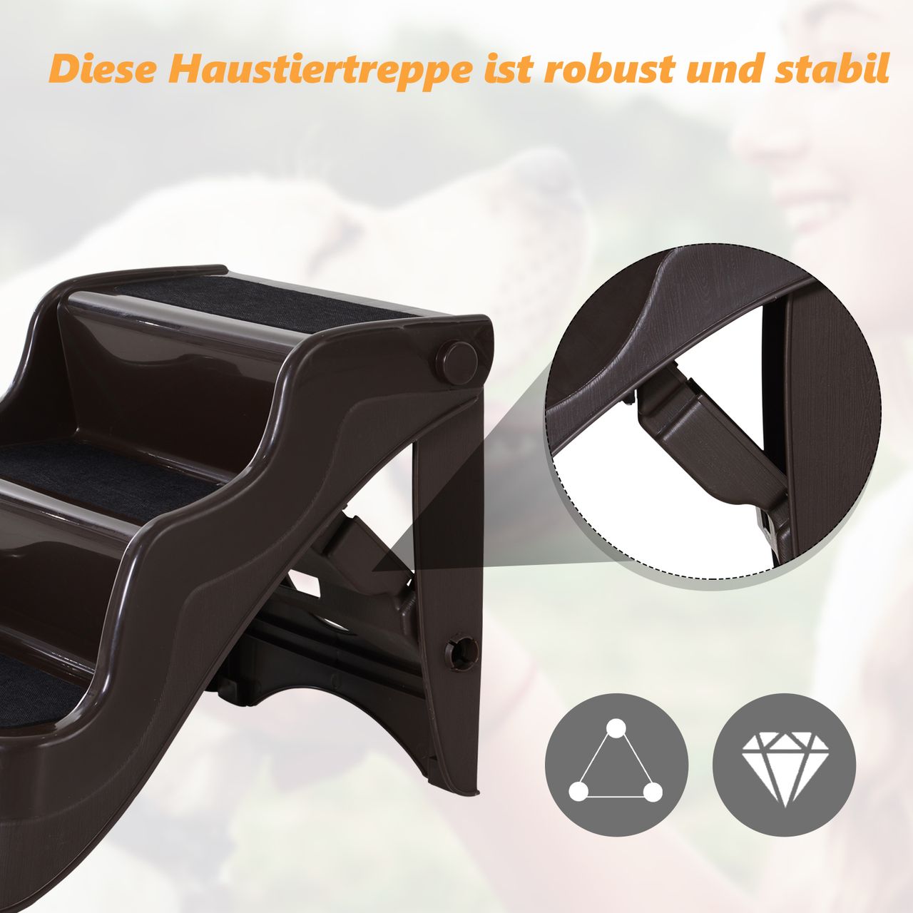 PawHut Hundetreppe Katzentreppe Haustiertreppe mit 3 Stufen klappbar, Kunststoff, Dunkelbraun, 39x49x39cm