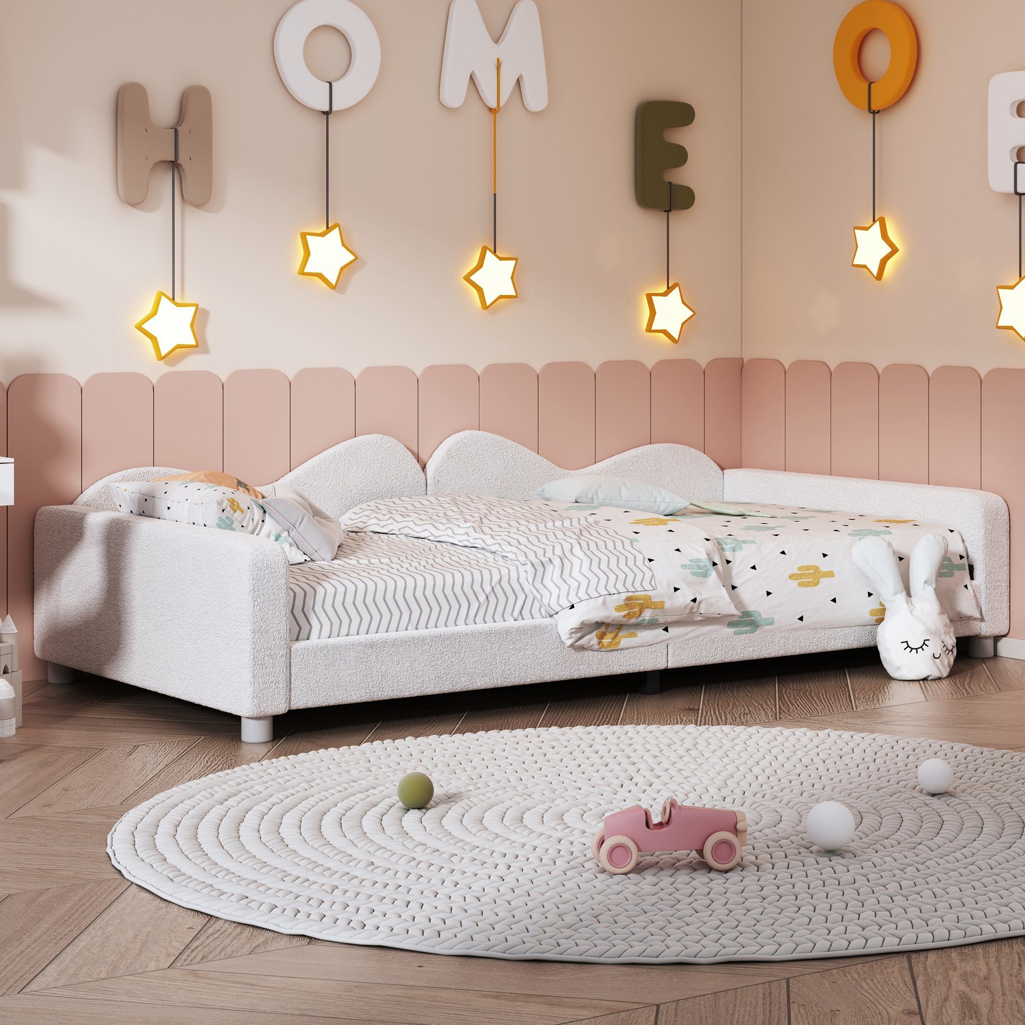 HAUSS SPLOE Polsterbett Tagesbett Polsterbett Kinderbett Schlafsofa (mit Rückenlehne und Armlehnen, 90x200 cm Bettgestell Teddystoff Multifunktionales weiches Bett), ohne Matratze