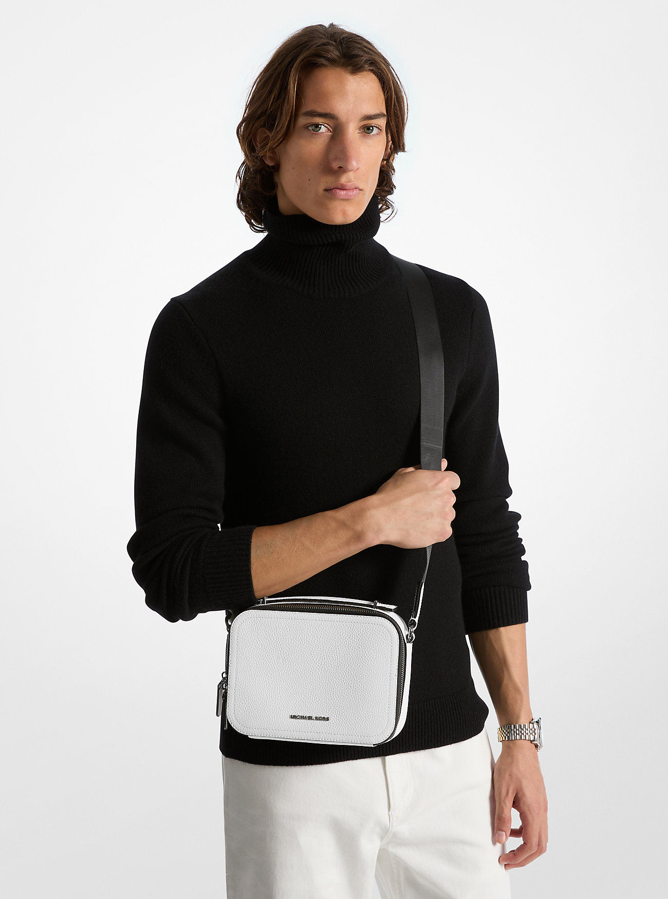 Hudson Pebbled Leather Skulderveske - Lys Hvit