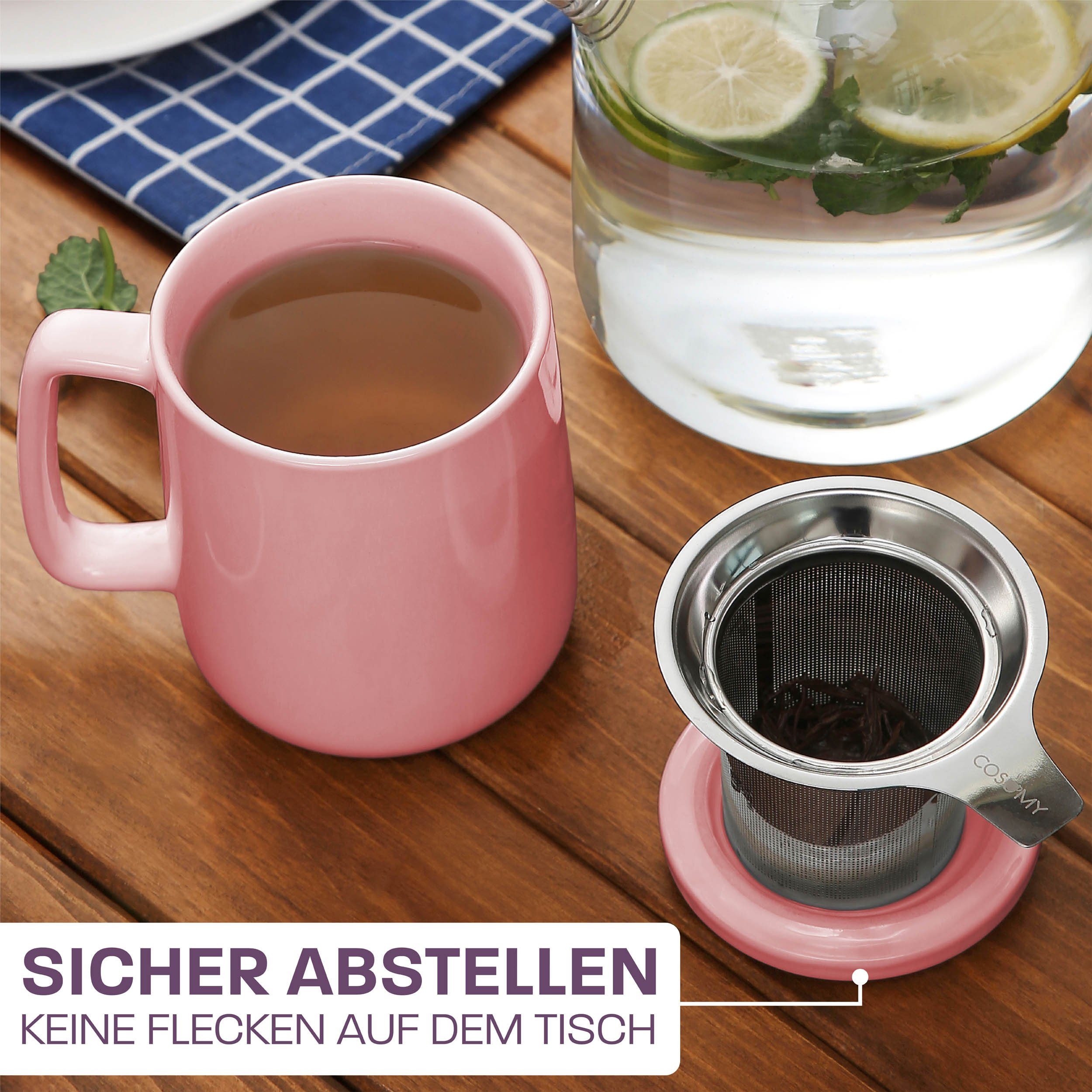 Cosumy Teeglas Teetasse mit Sieb und Deckel 500ml - Jumbotasse, Porzellan, Hält Lange warm - 500 ml XXL Groß - Spülmaschinenfest