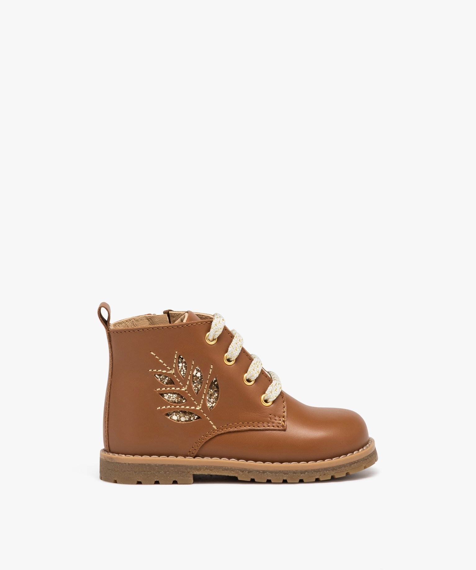 Boots bébé fille en cuir uni avec lacets irisés et à zip camel | GEMO