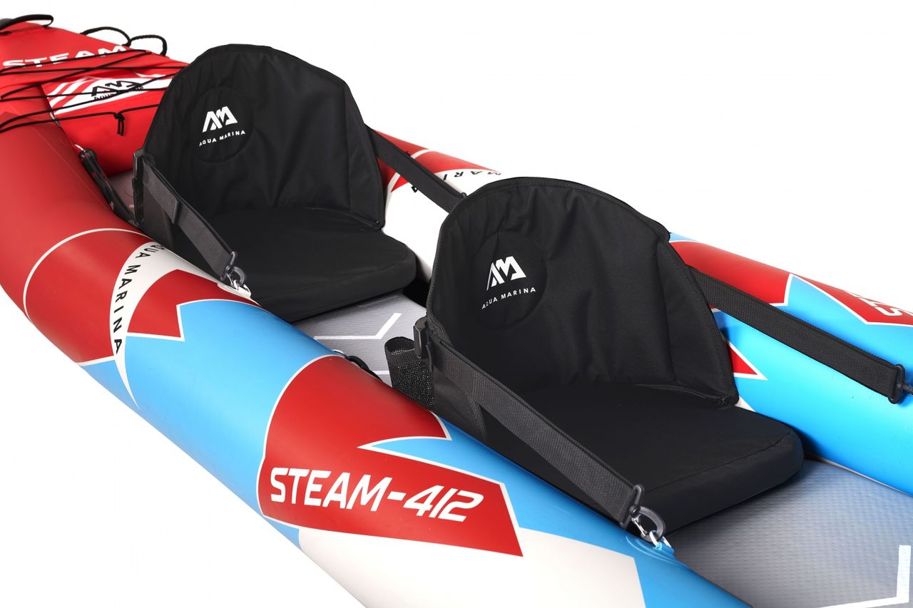 PureHaven Aqua Marina Kajak 412x83 cm für 2 Personen mit Luftsitz verstellbarer Lehne Transporttasche Reparaturset und Handpumpe strapazierfähig Blau/Weiß/Rot