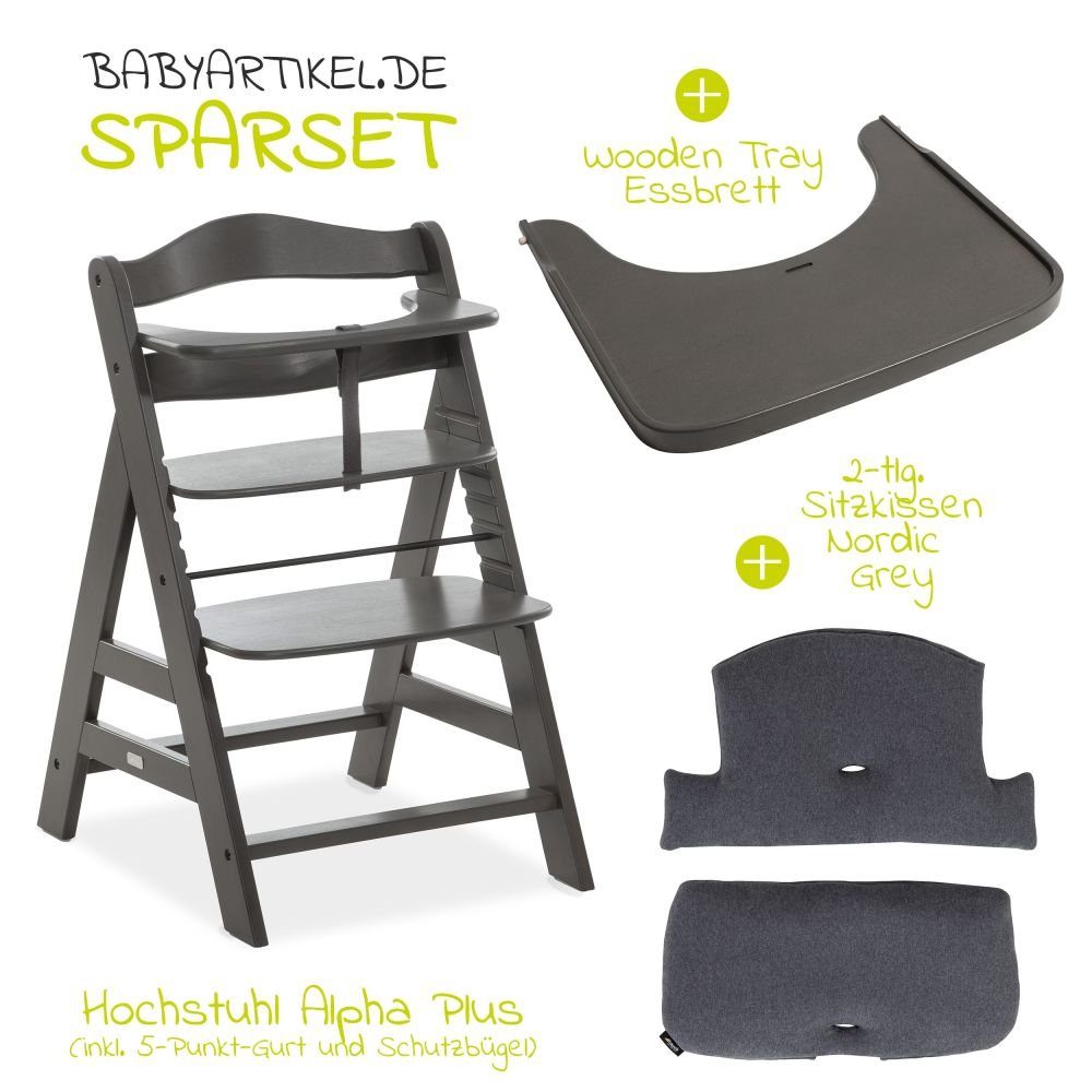 Hauck Hochstuhl Alpha Charcoal Selectline, Mitwachsender Holz Kinderhochstuhl mit Tisch & Sitzauflage verstellbar