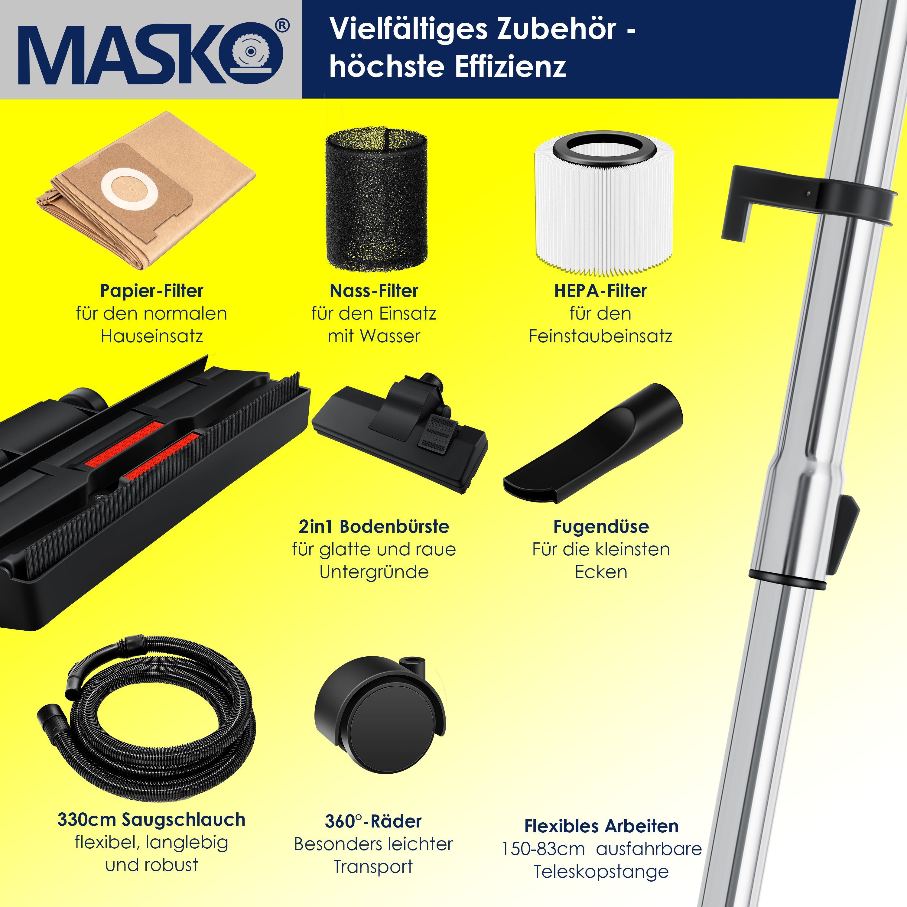 MASKO Industriesauger, 34 W, Industriestaubsauger Staubsauger Nass Trocken Sauger Edelstahl